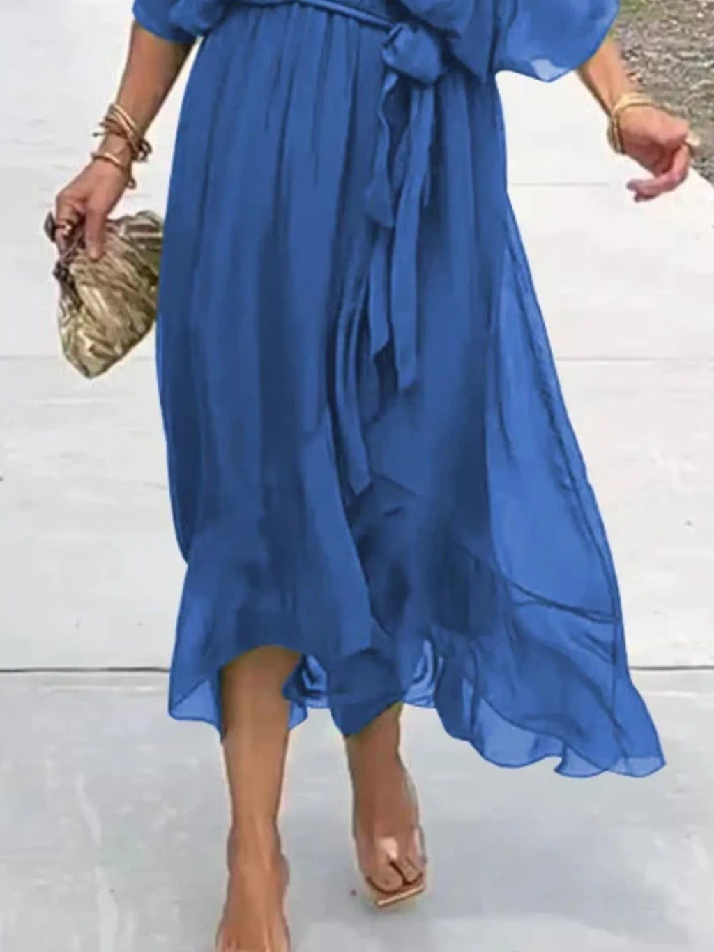 Flowy Tie Front Midi Dress with Flutter Sleeves by Shopiebay