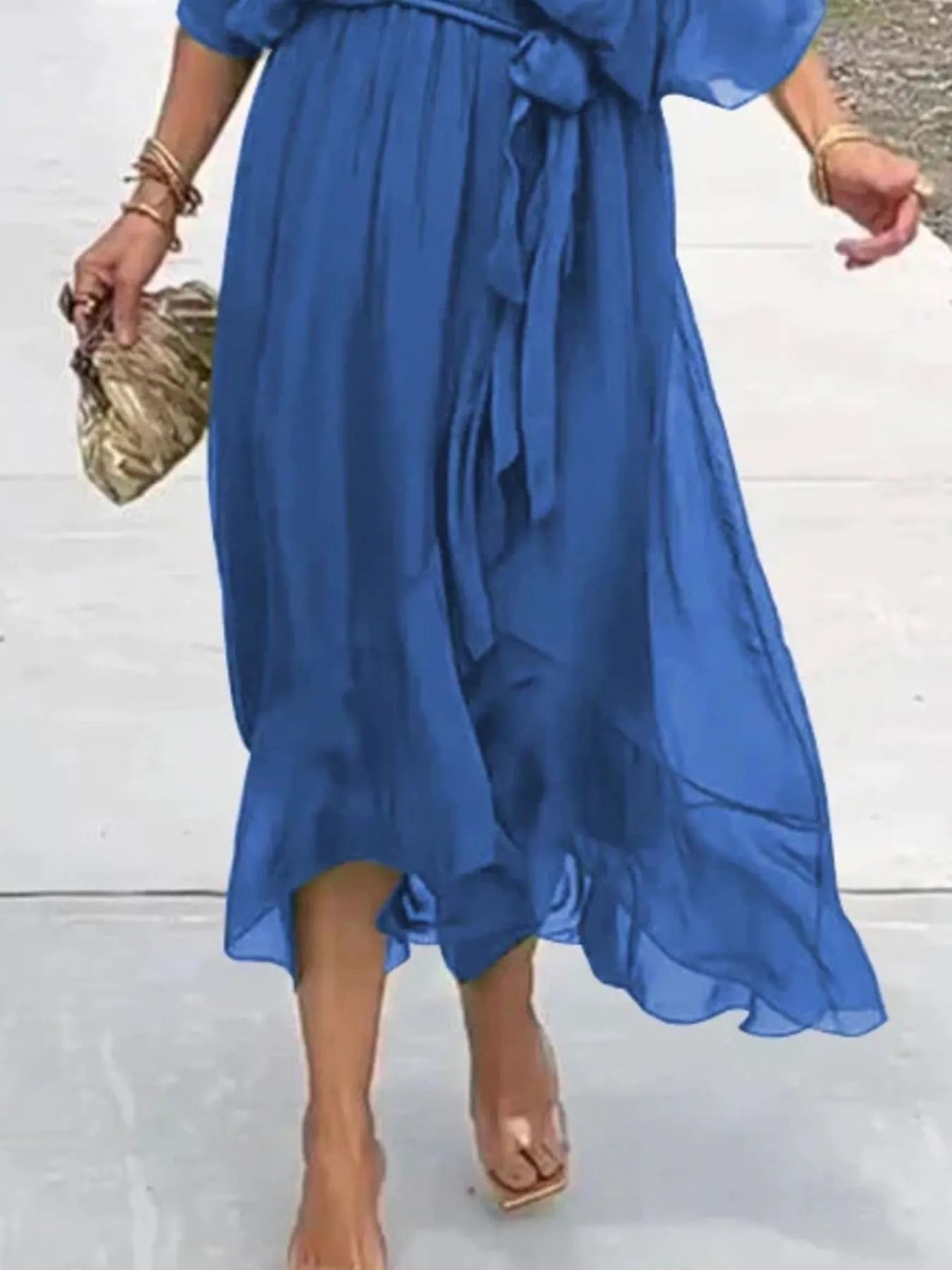 Flowy Tie Front Midi Dress with Flutter Sleeves by Shopiebay