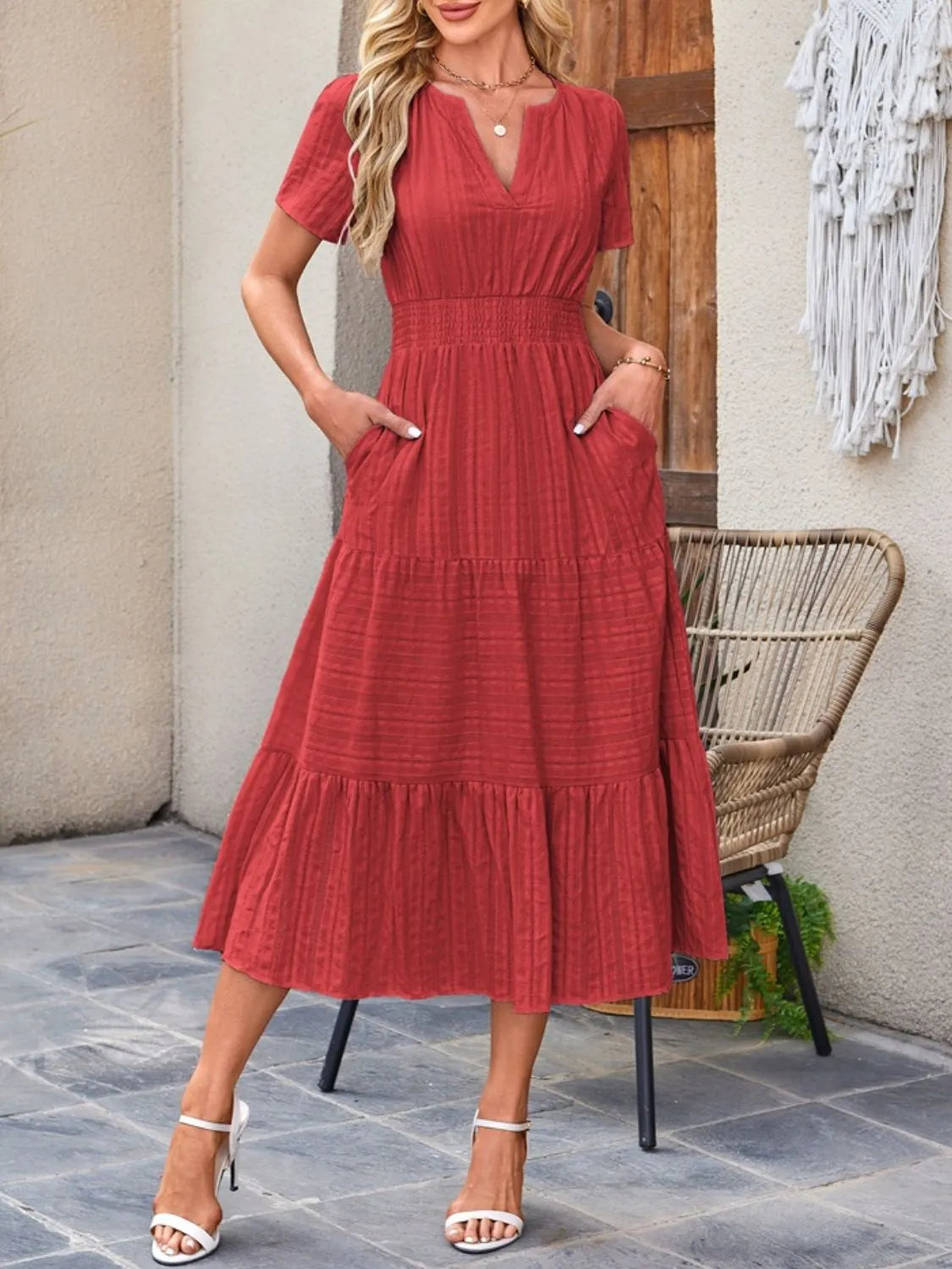 Tiered Notched Short Sleeve Dress by Shopiebay