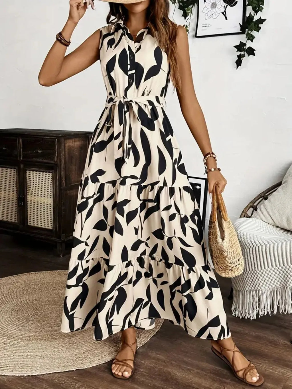 Printed Tie Waist Sleeveless Maxi Dress by Shopiebay
