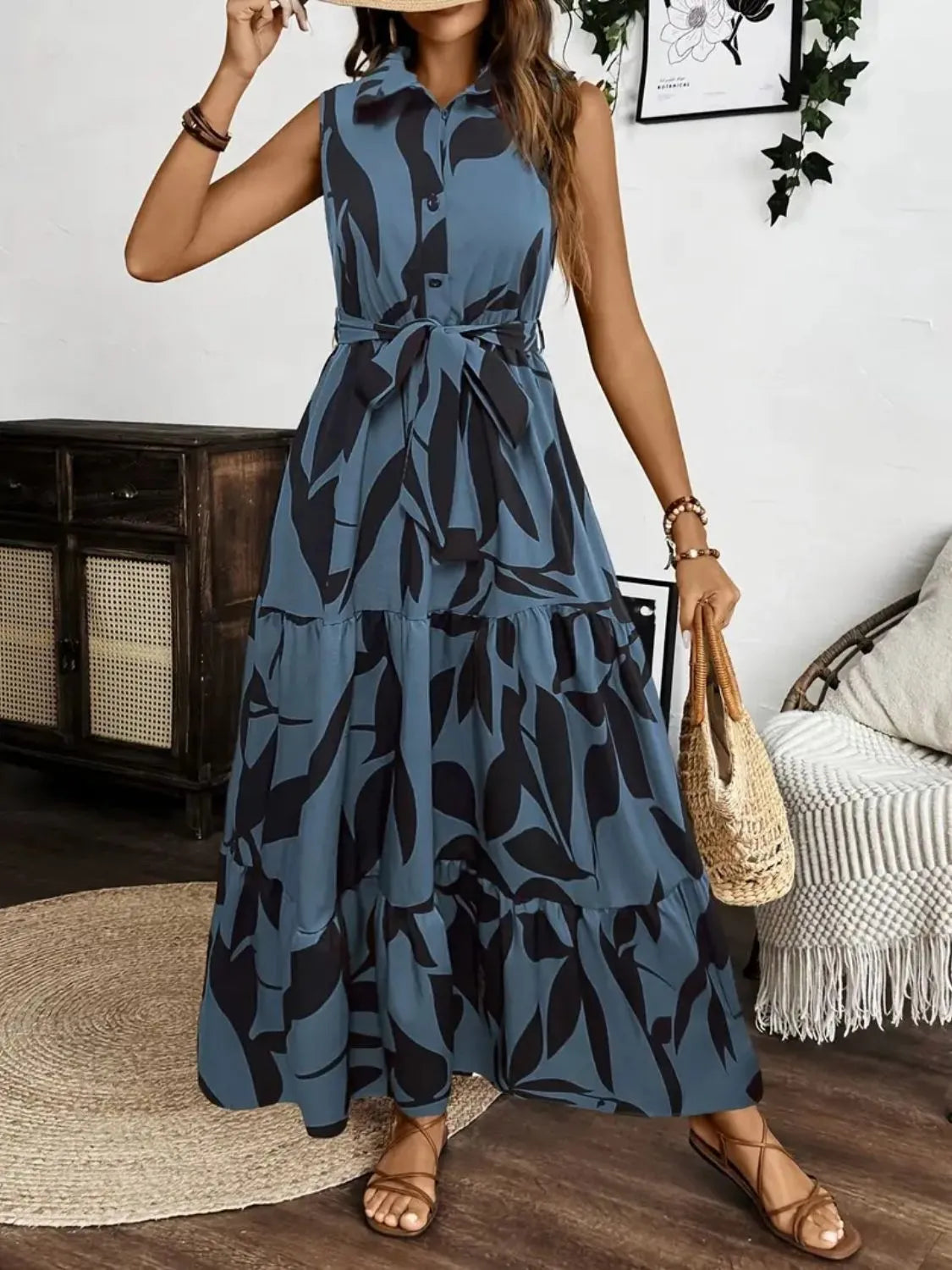 Printed Tie Waist Sleeveless Maxi Dress by Shopiebay