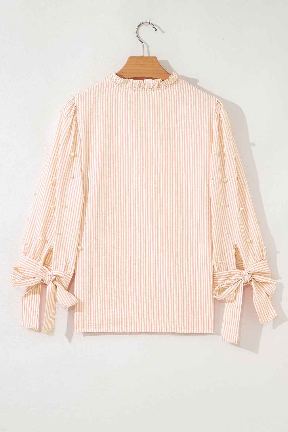 Pink Stripe Bow Knot Cuff Pearl Embellished Puff Sleeve V Neck Blouse