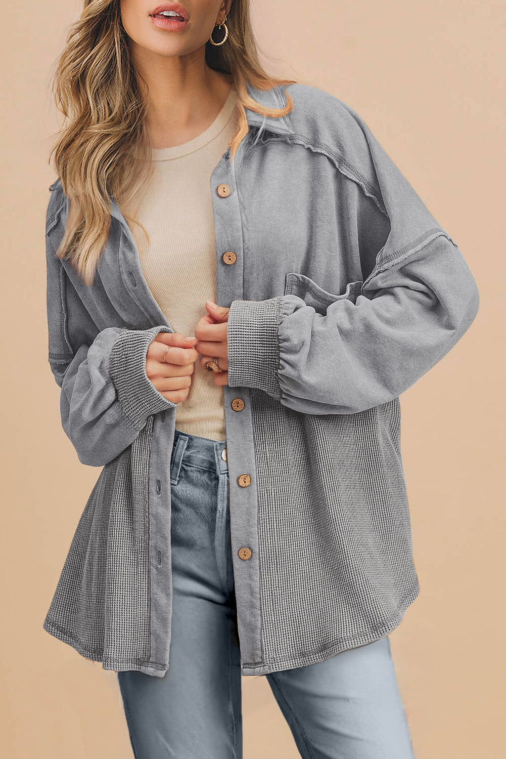 Black Waffle Knit Patchwork Exposed Seam Loose Shacket