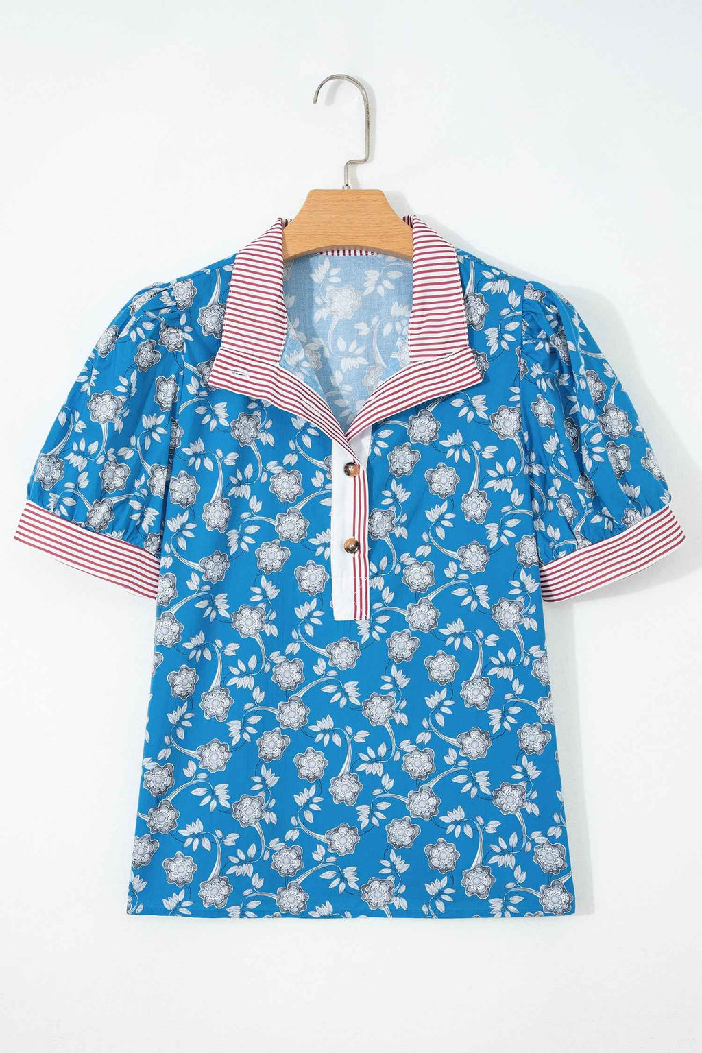 Blue Retro Floral Print Striped Trim Button Neck Short Sleeve Blouse