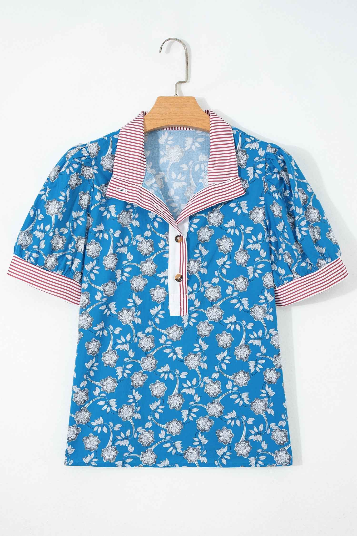 Blue Retro Floral Print Striped Trim Button Neck Short Sleeve Blouse