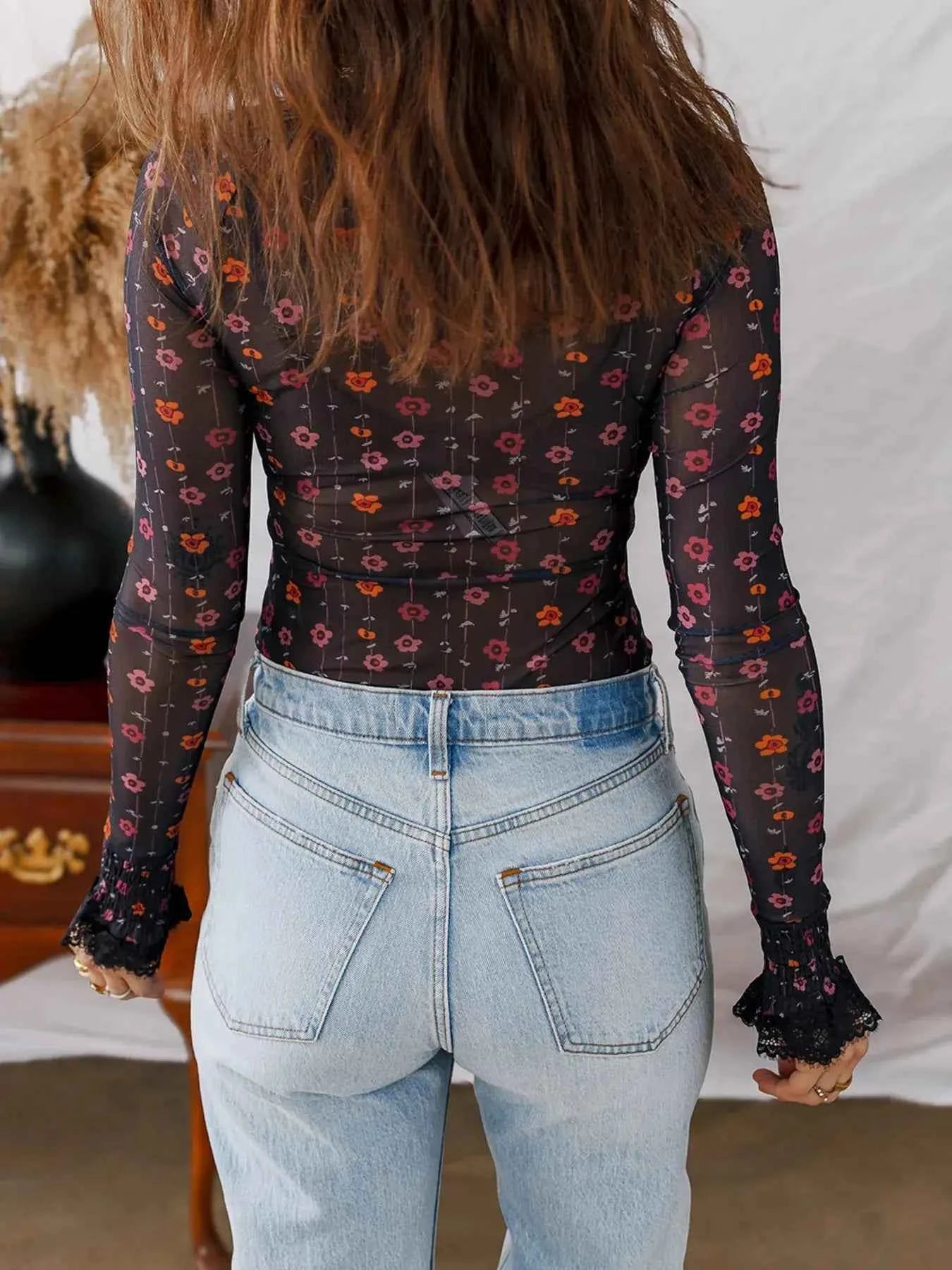 Floral Print Smocked Cuff Slim Fit Mesh Bodysuit