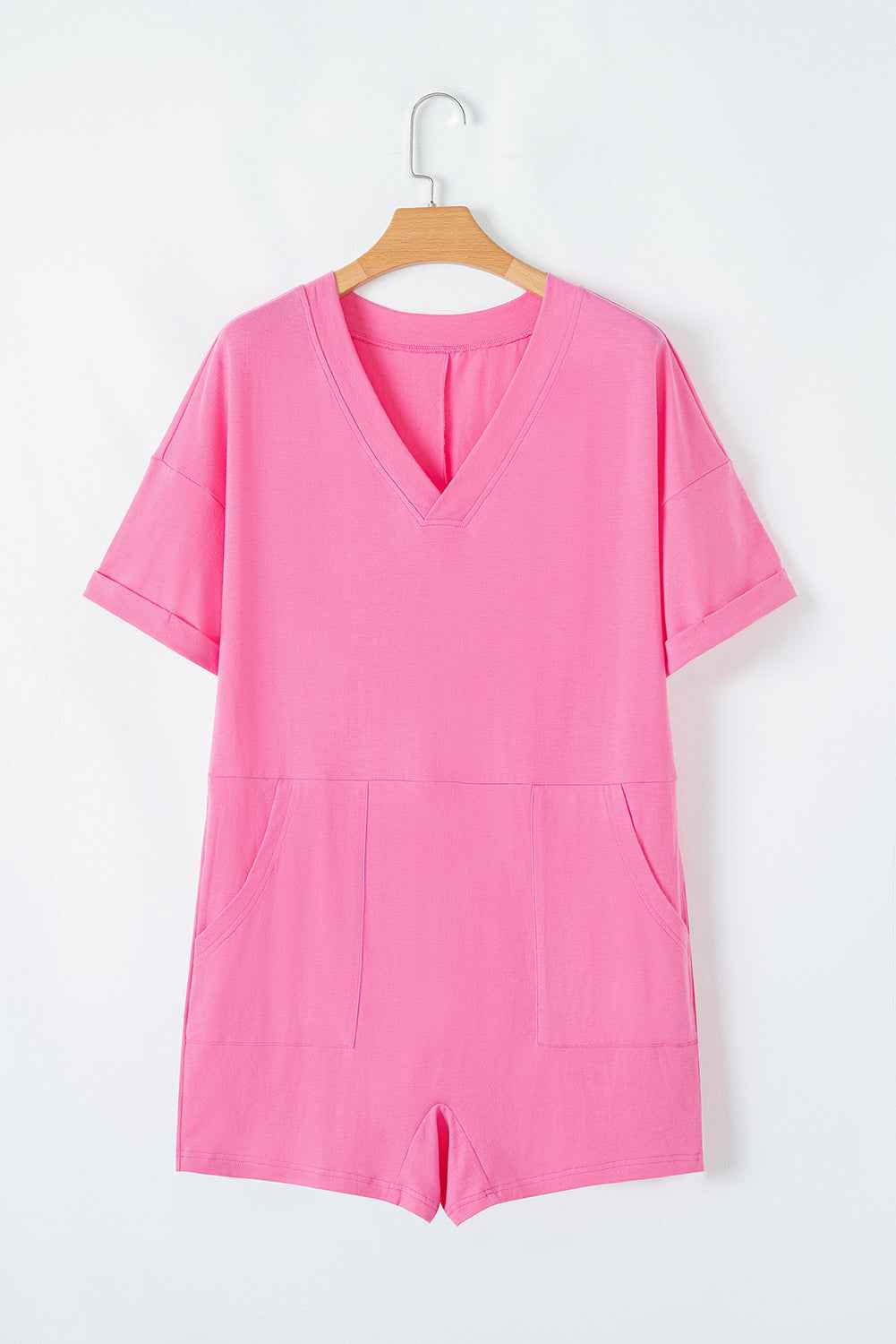 Bonbon Loose Half Sleeve V Neck Plain Romper