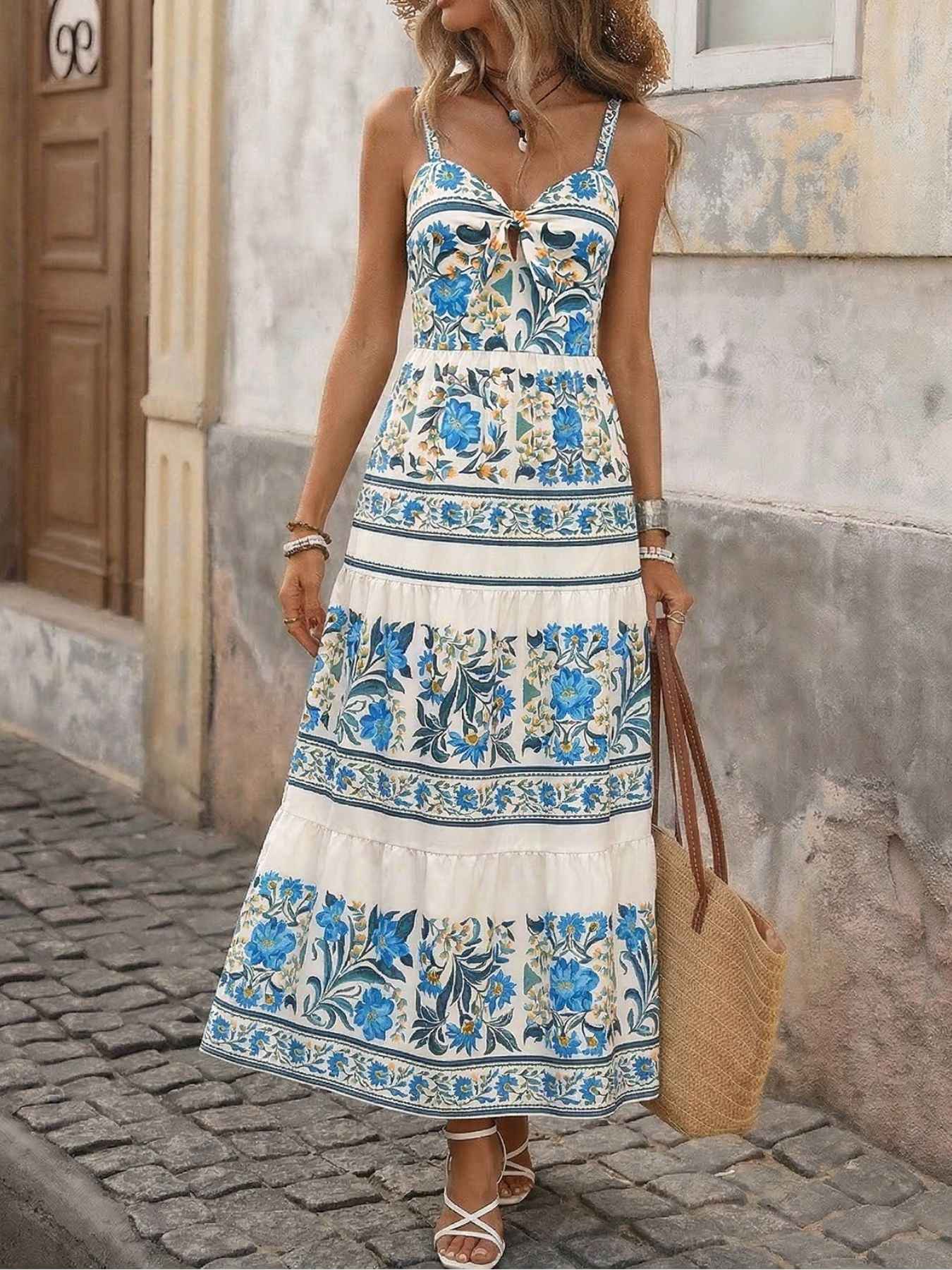 Floral Print Sweetheart Neck Maxi Dress