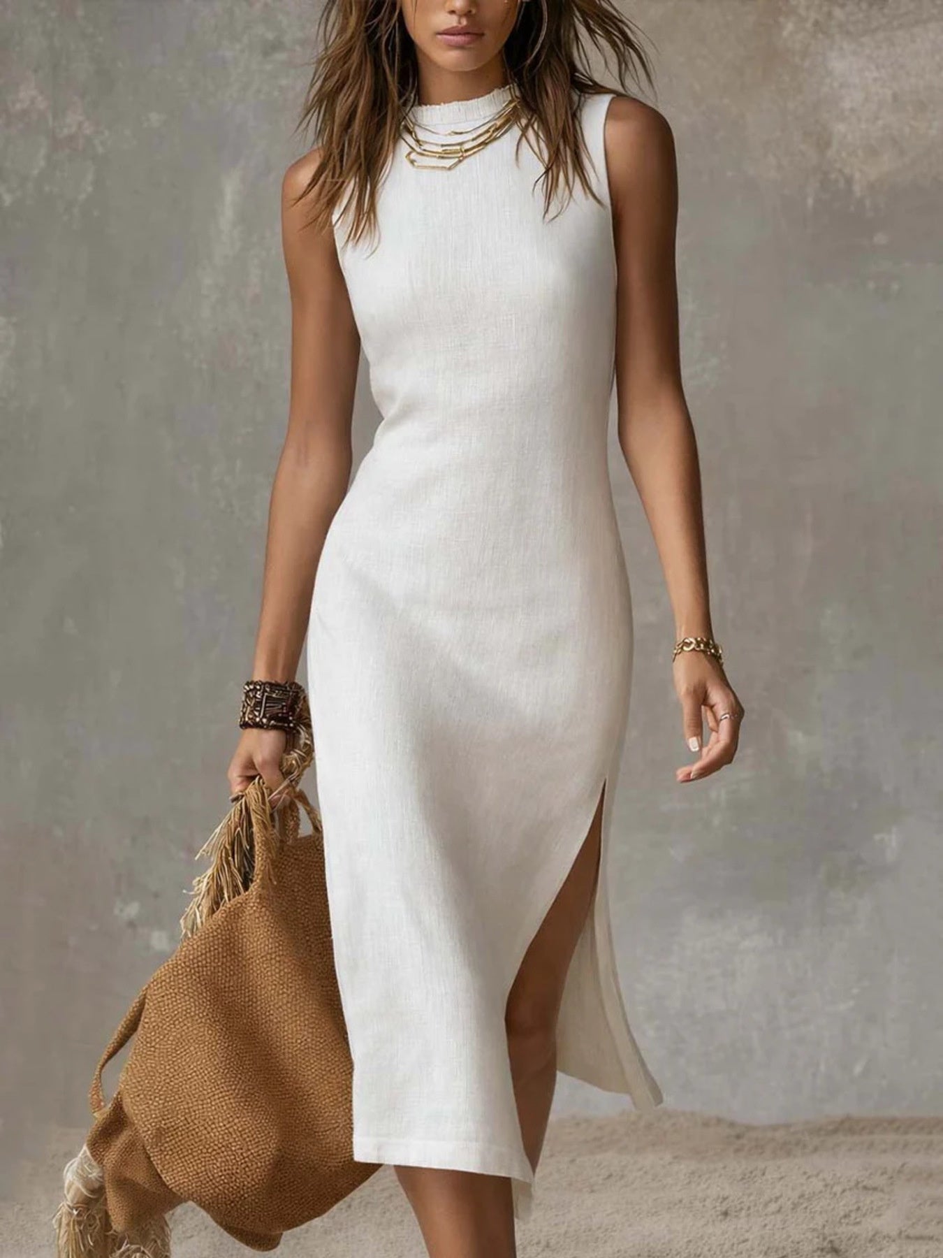 Full Size Sleeveless Mock Neck Slit Midi Dress Plus Size by Shopiebay