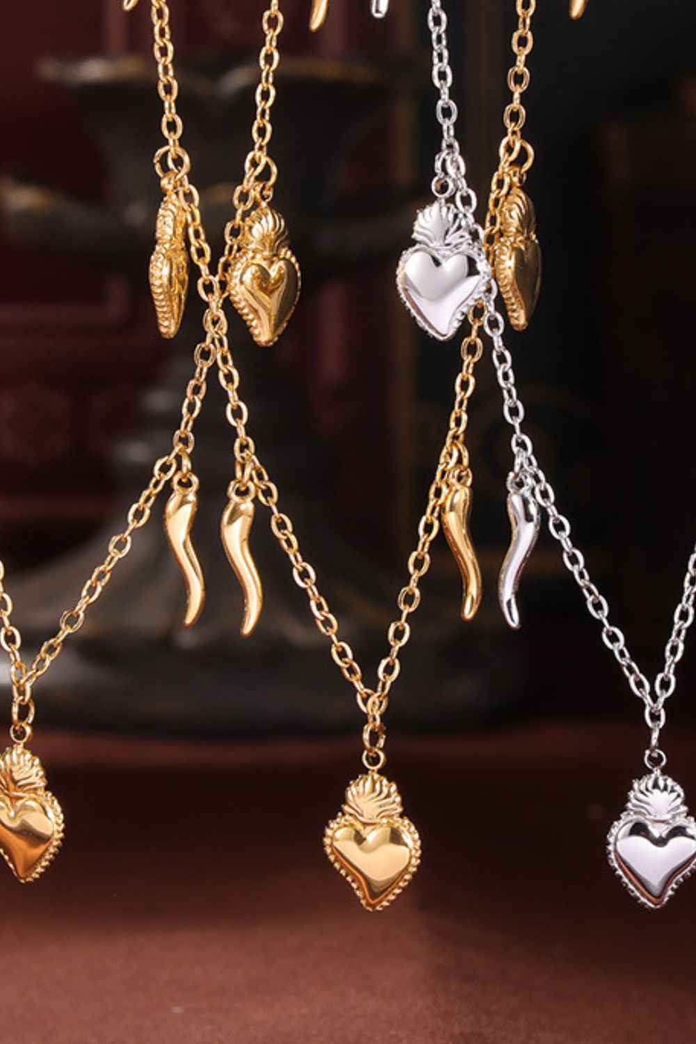 Stainless Steel Heart Charm Bracelet and Necklace Set