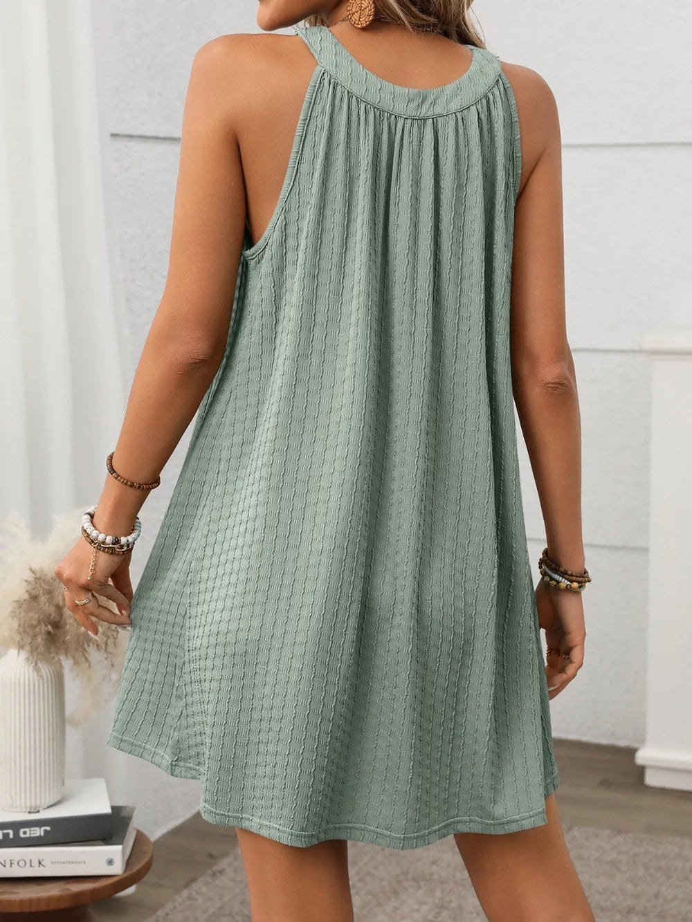 Textured Grecian Neck Mini Dress by Shopiebay