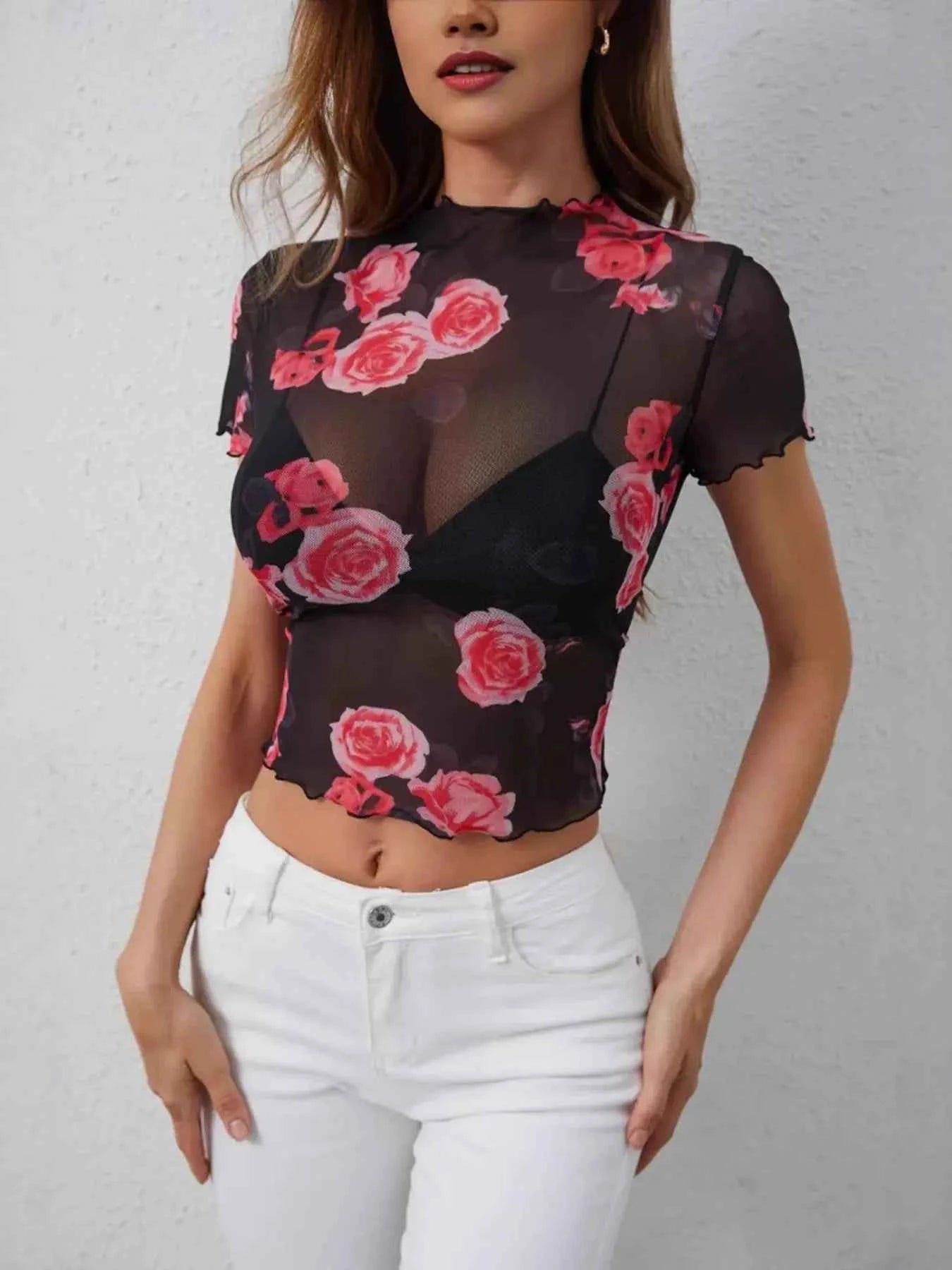Rose Print Fitted Womens Mesh Shirt
