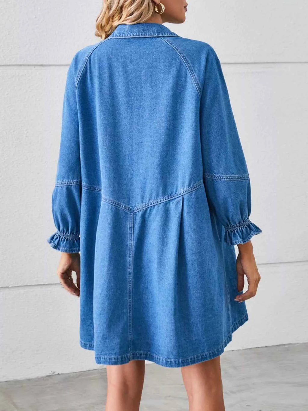 Button-Front Ruffle Cuff Denim Dress