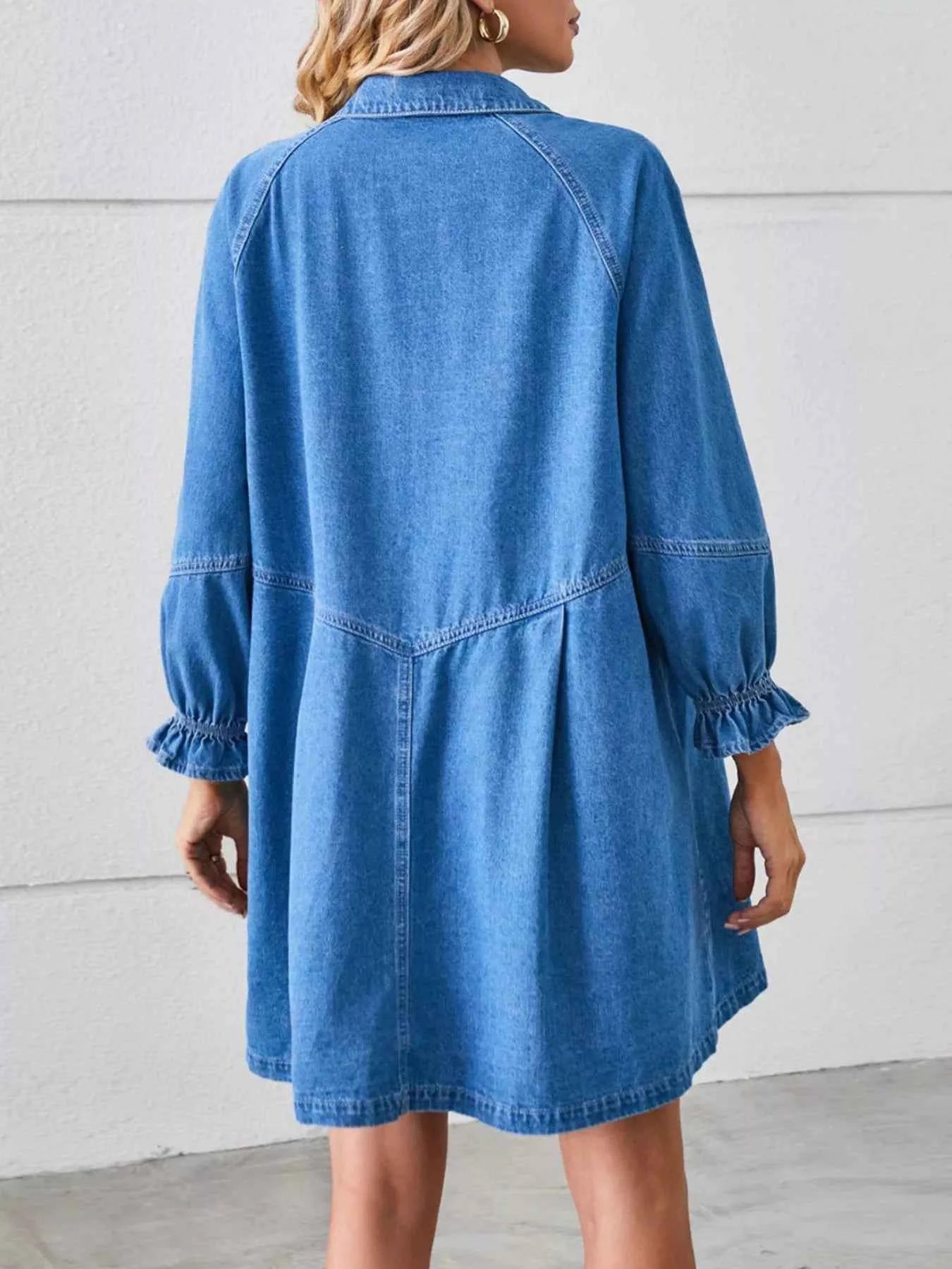 Button-Front Ruffle Cuff Denim Dress