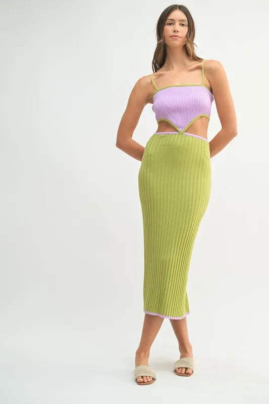 MABLE Ribbed Knit Color Block Cutout Midi Dress by Selvanelle