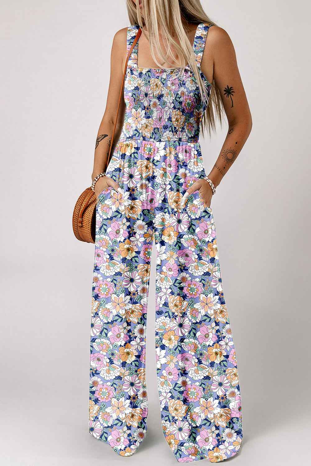 Green Floral Square Neckline Stretch High Waist Jumpsuit