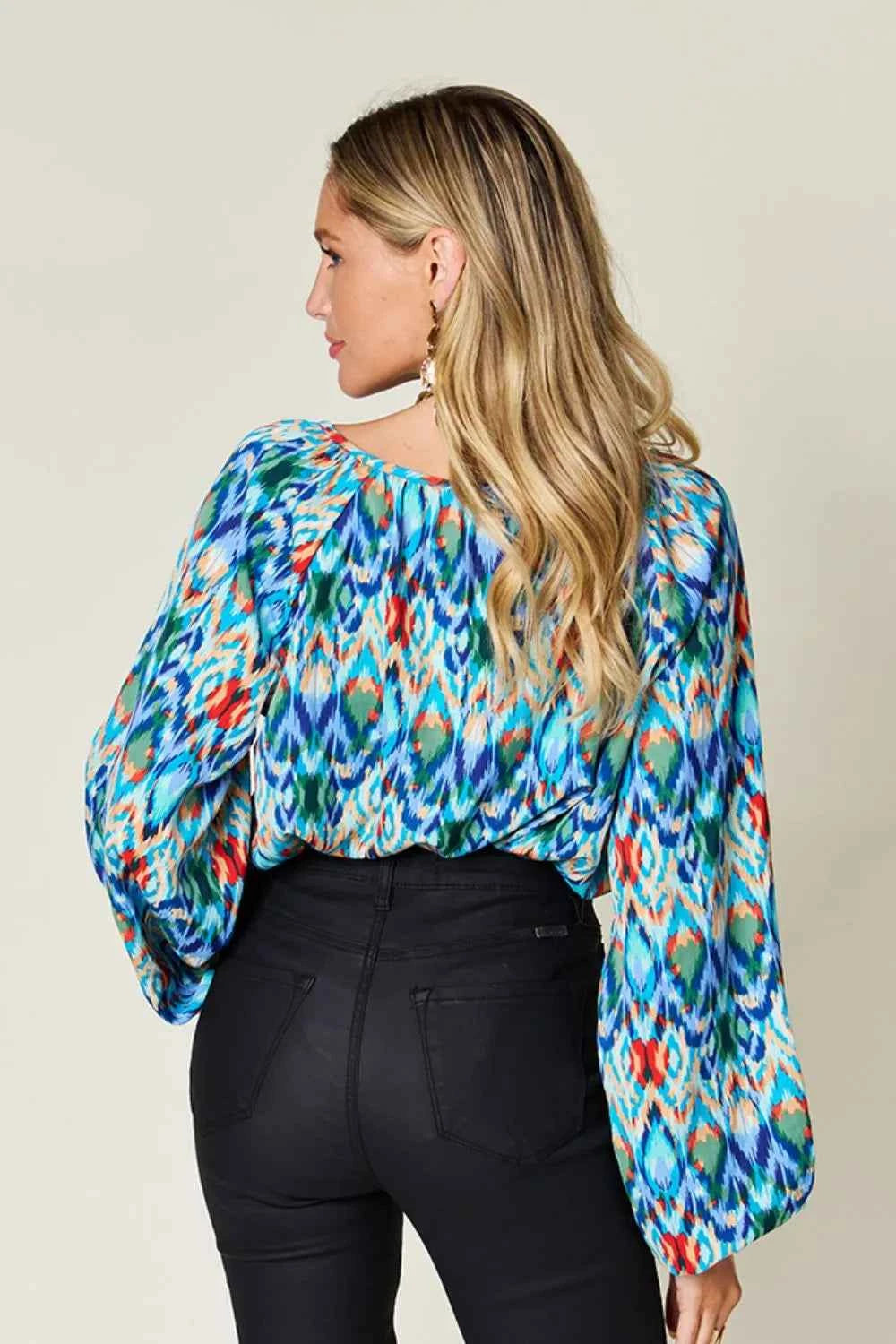Double Take Full Size Printed Balloon Sleeve Blouse