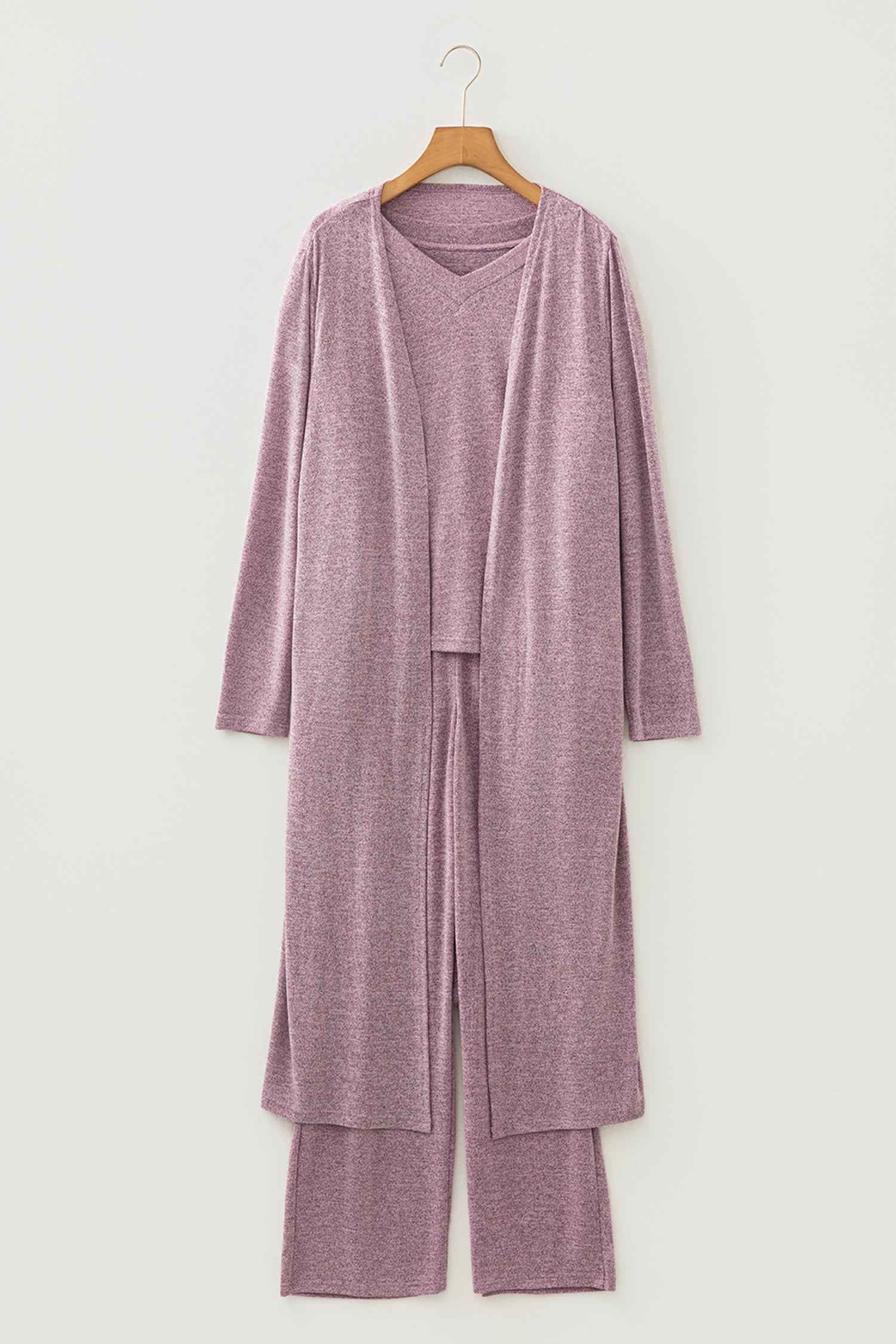 Delicacy 3pcs V Neck T Shirt Ribbon Knot Pants Open Duster 3pcs Lounge Set
