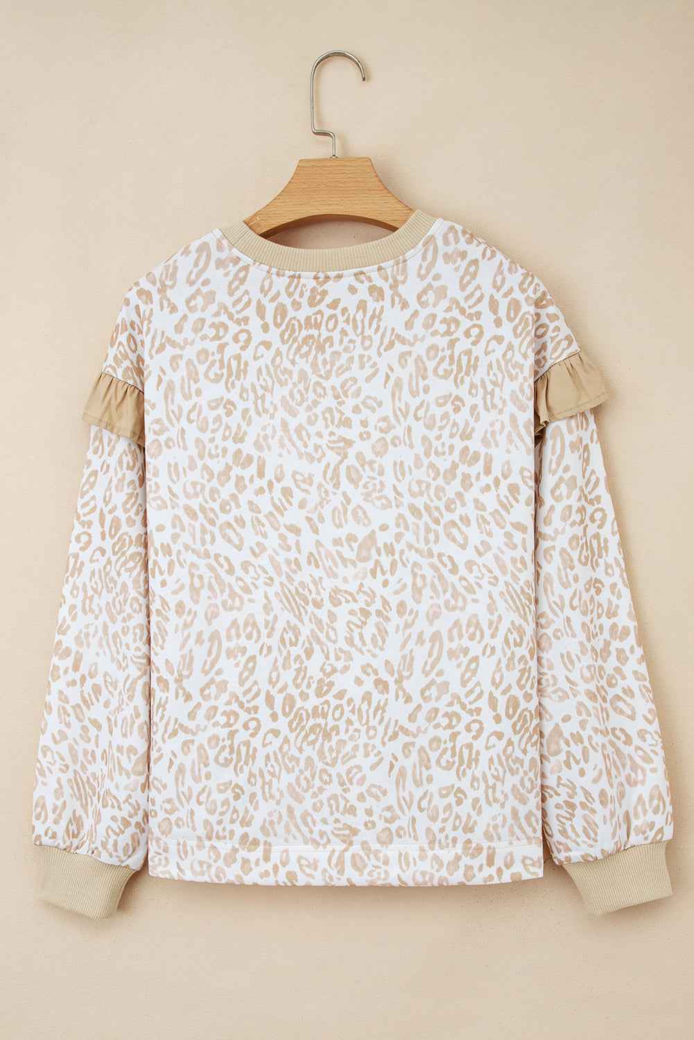 Khaki Ribbed Trim Ruffle Detail Leopard Round Neck Sweatshirt