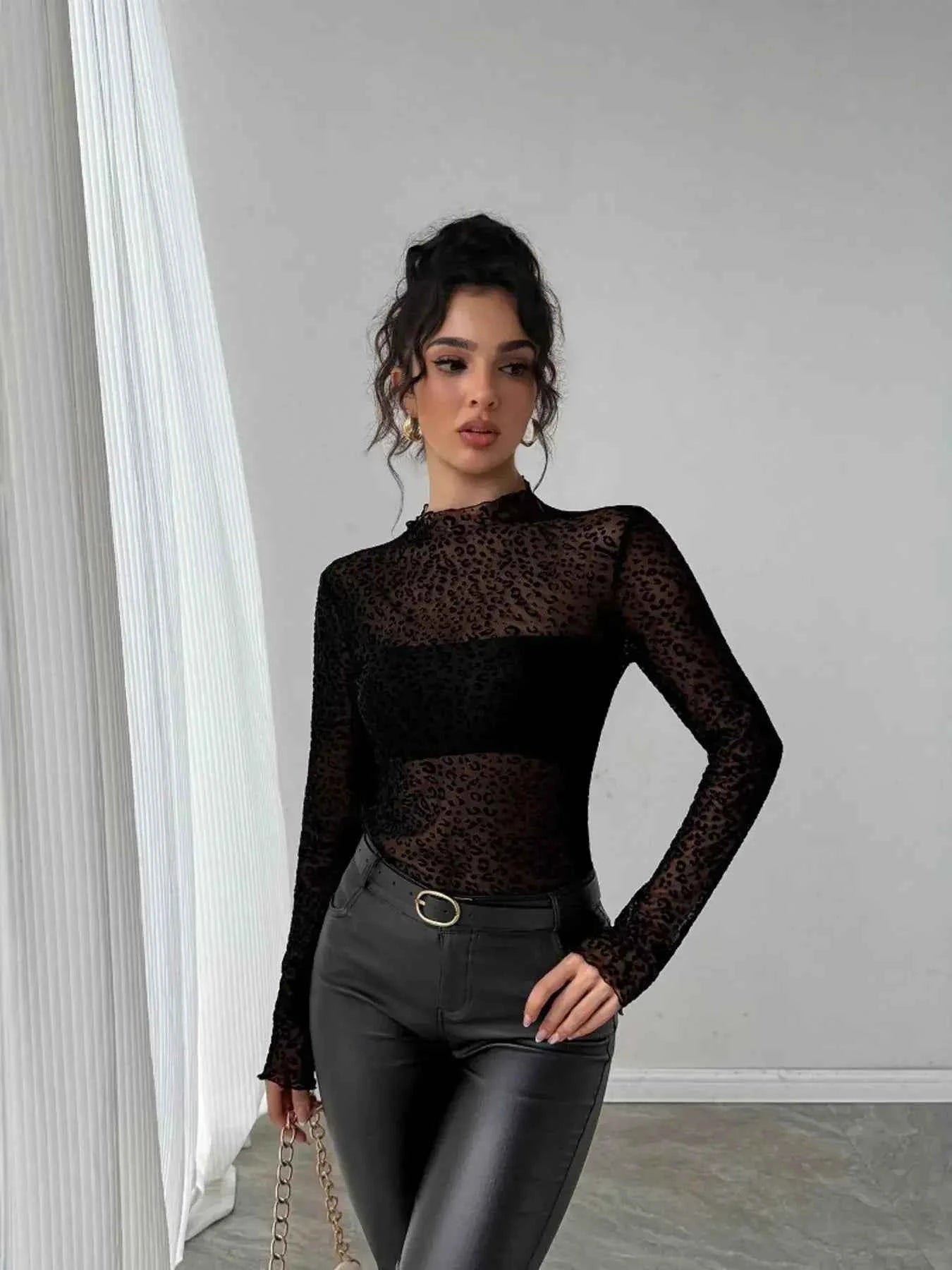 Leopard Print Mesh Long Sleeve T Shirt