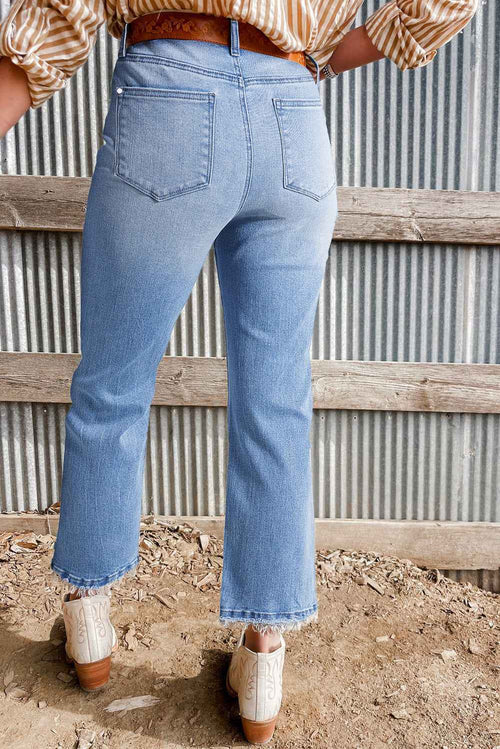 Beau Blue Mineral Wash Raw Hem High Waist Flared Jeans by Wild and Free Boutique