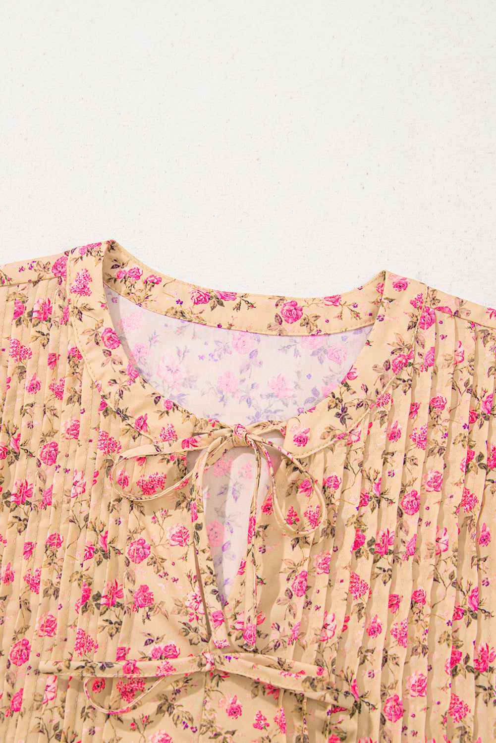 Light French Beige Floral Print Bow Pintuck Bust Half Puff Sleeve Blouse Top
