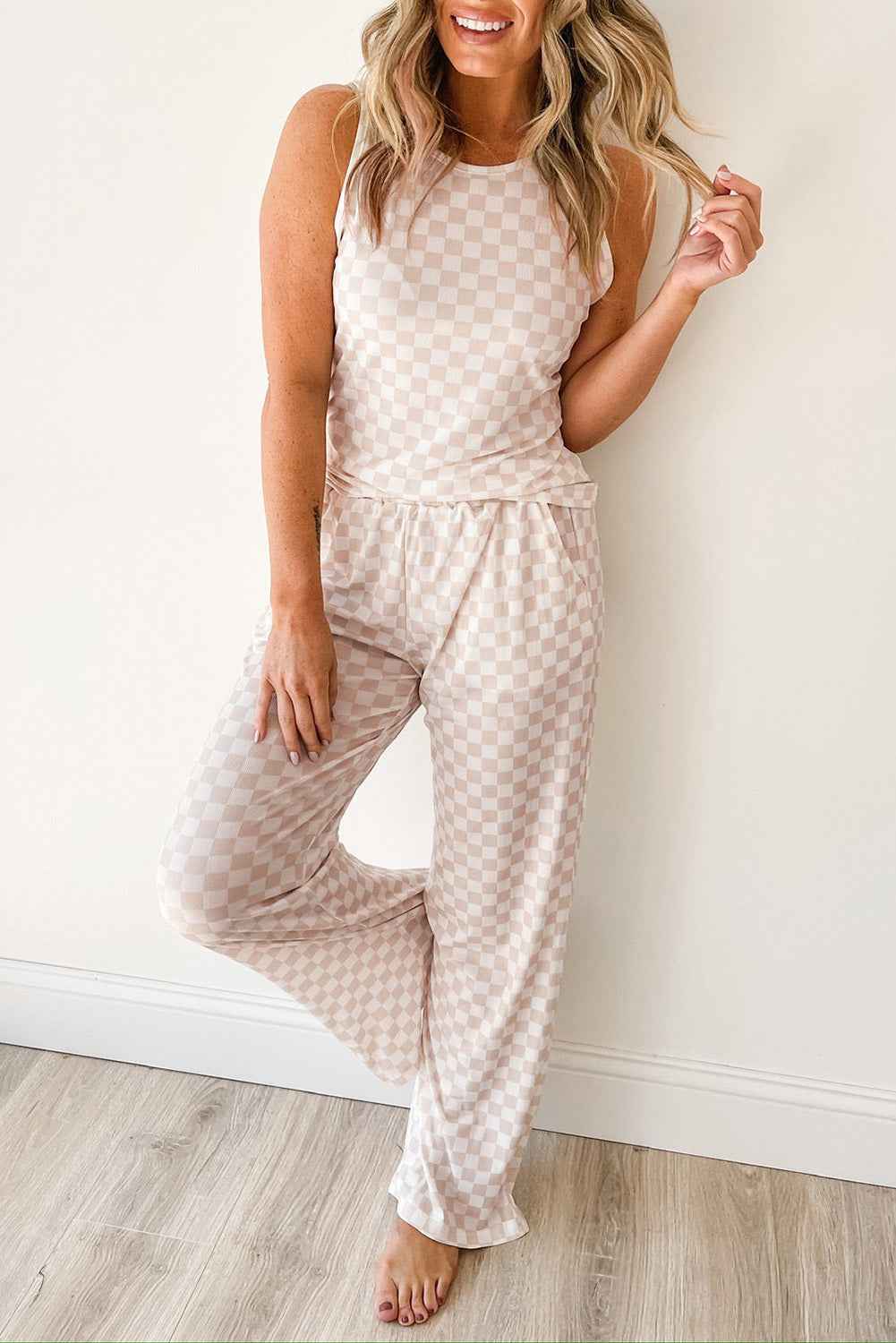 White Ribbed Texture Checkered Print 2pcs Tank and Pants Set