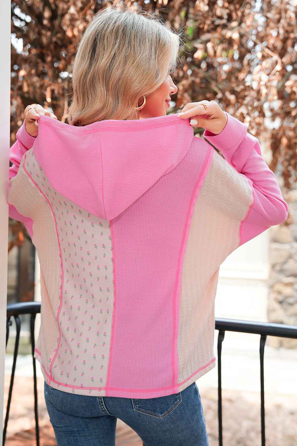 Pink Mixed Texture Waffle Floral Patchwork Hooded Oversized Pullover Top