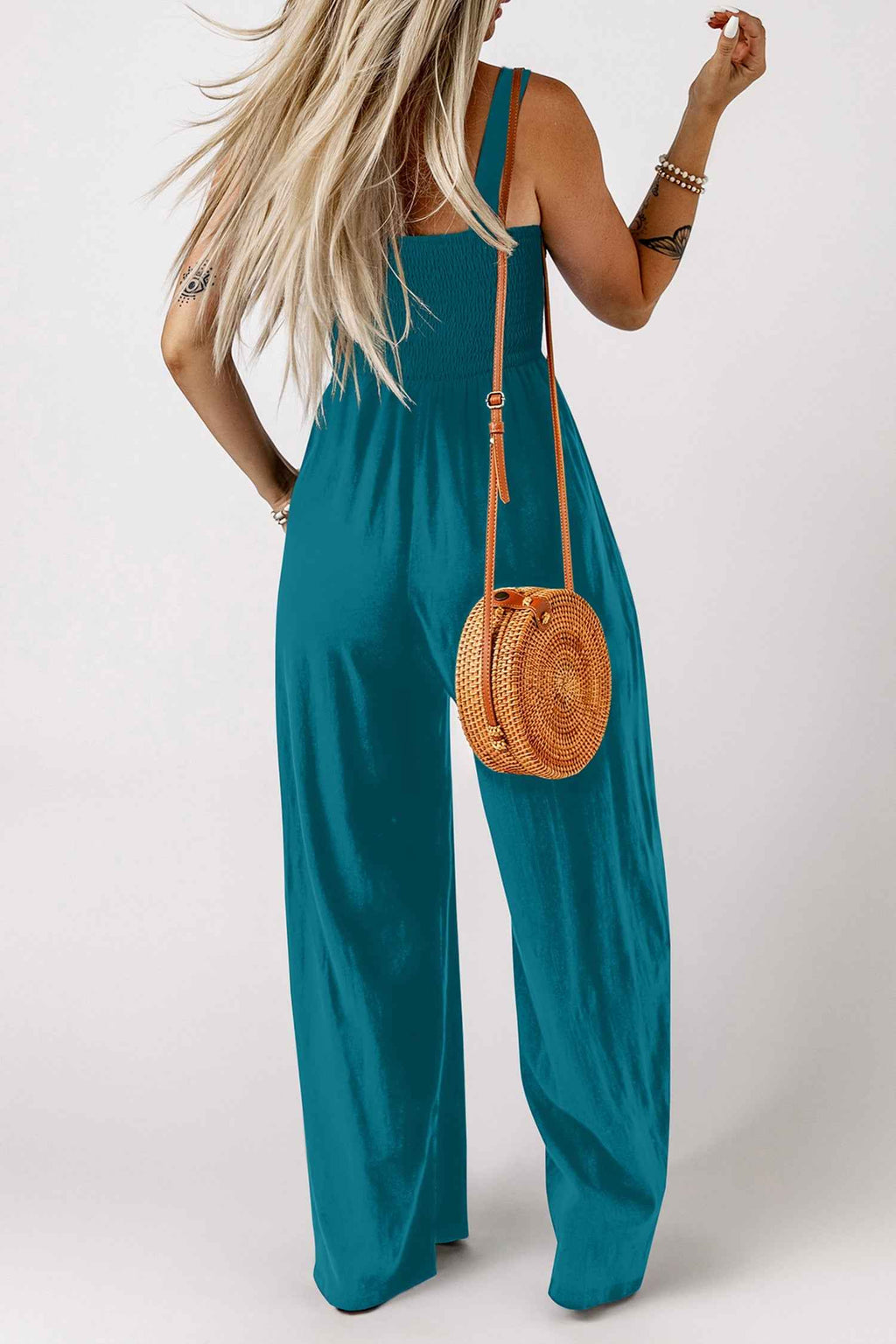 Peacock Blue Smocked Square Neck Sleeveless Jumpsuit with Pockets