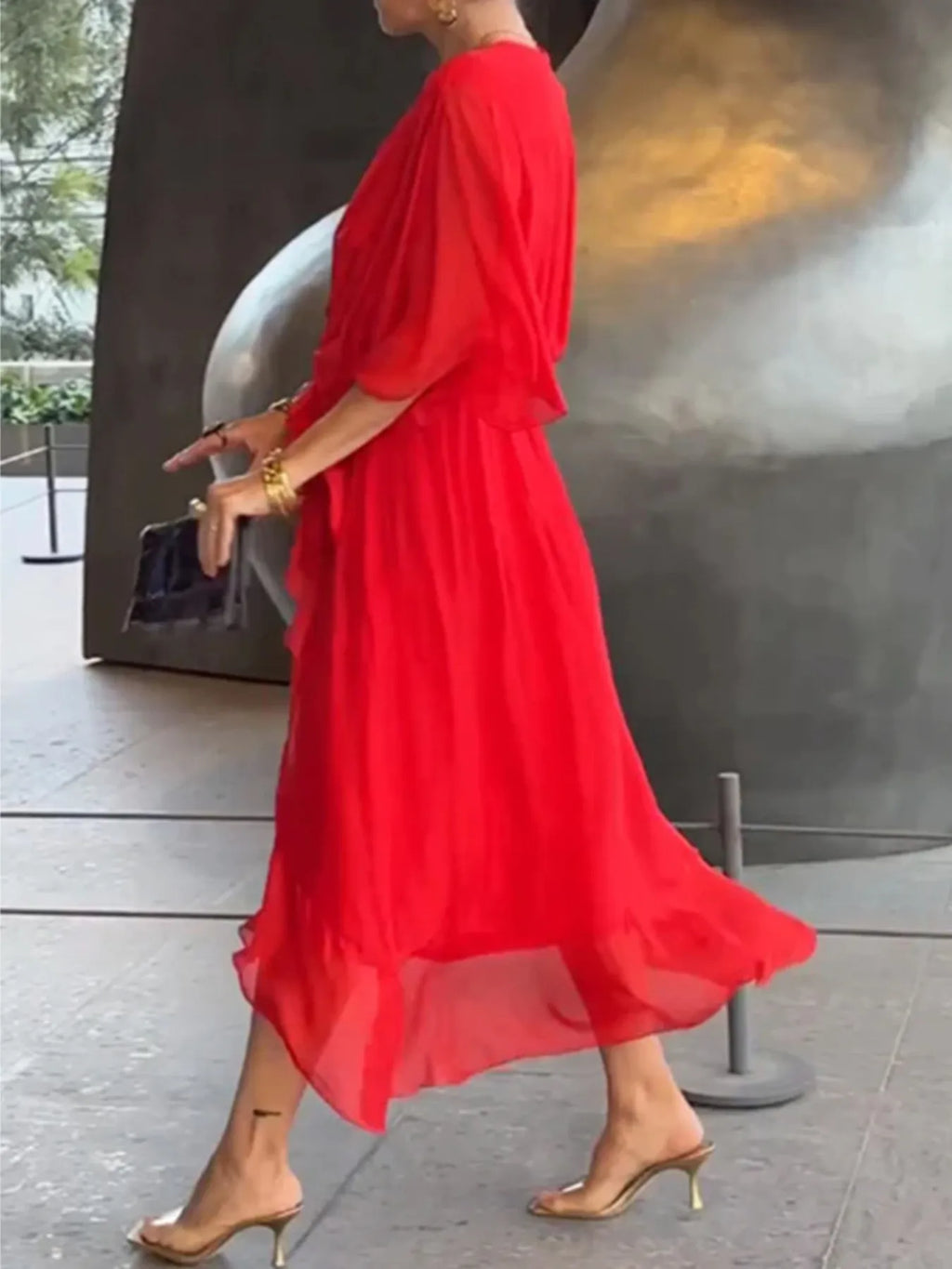 Flowy Tie Front Midi Dress with Flutter Sleeves by Shopiebay