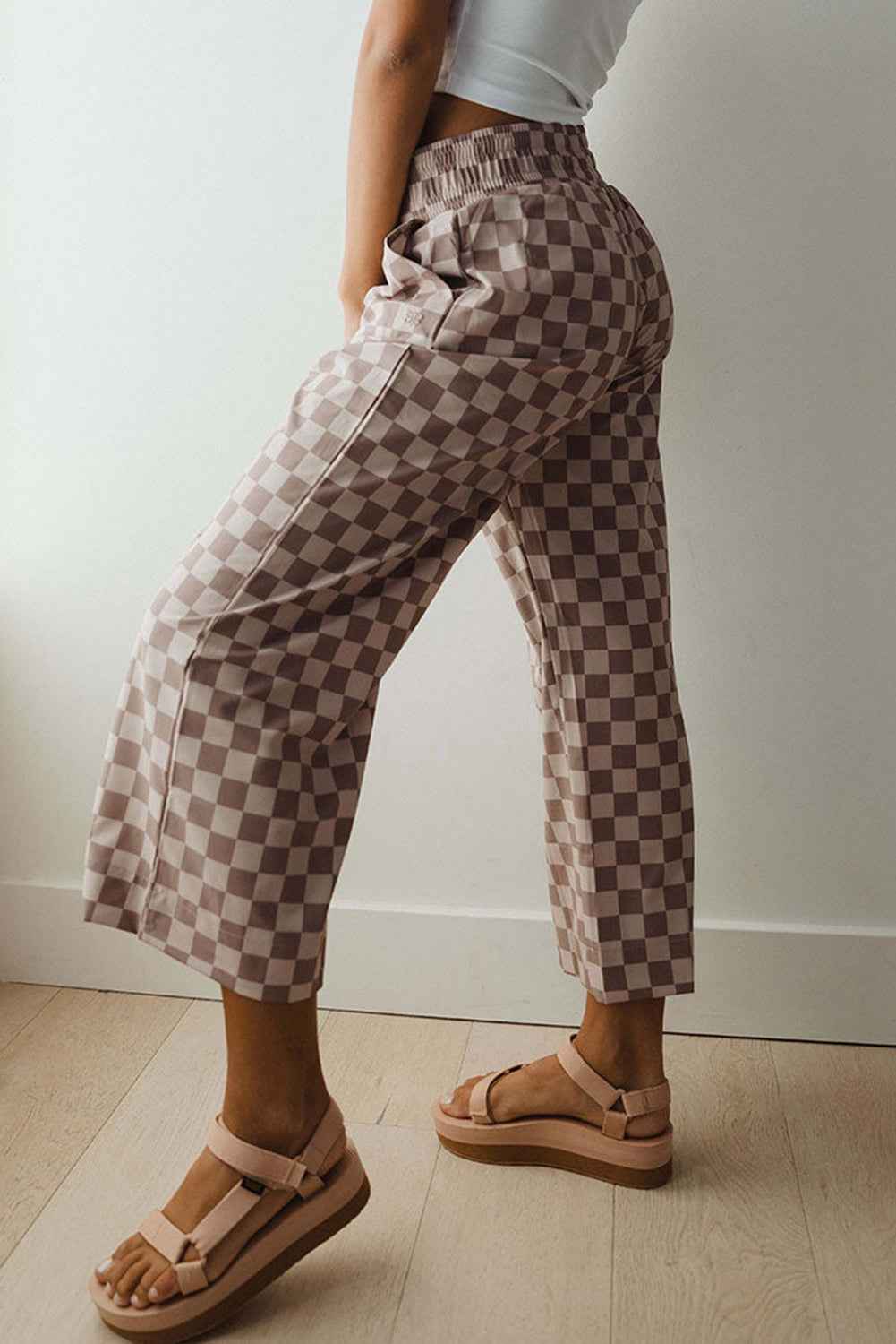 Khaki Tie Elastic Waist Checkered Loose Pants
