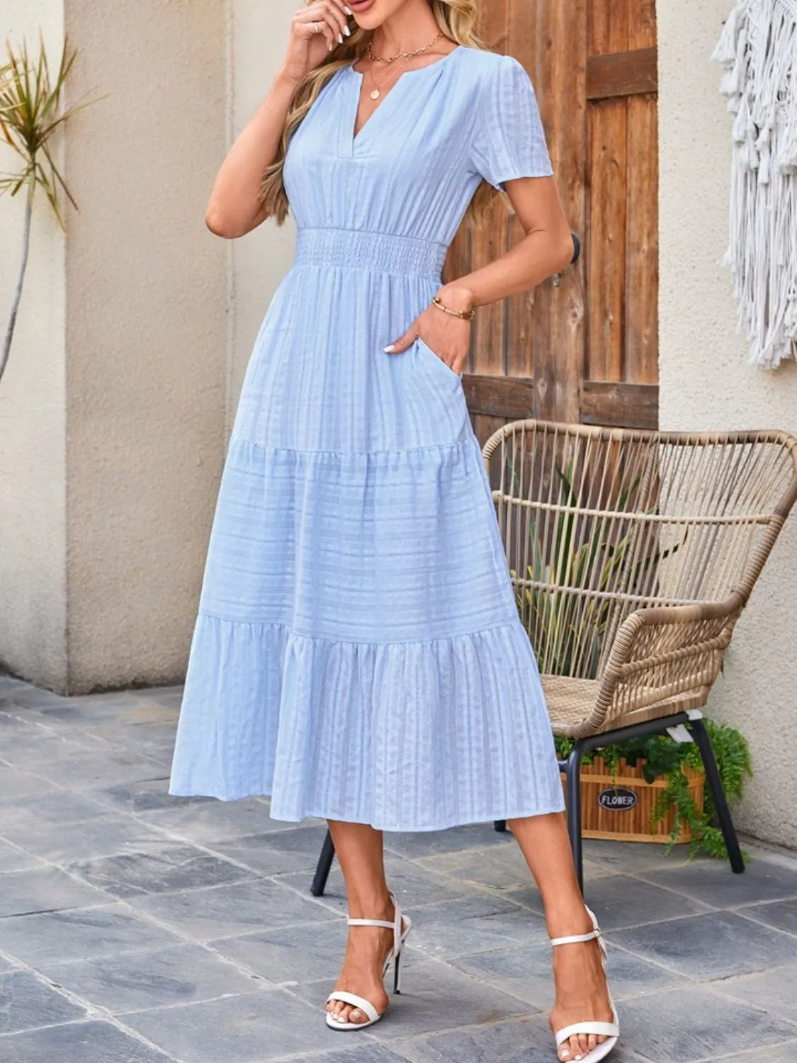 Tiered Notched Short Sleeve Dress by Shopiebay