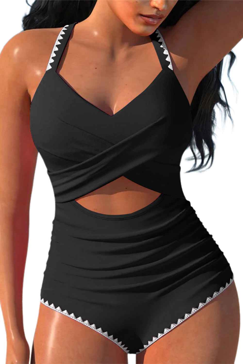 Black Ric Rac Trim Cutout One Piece Swimsuit
