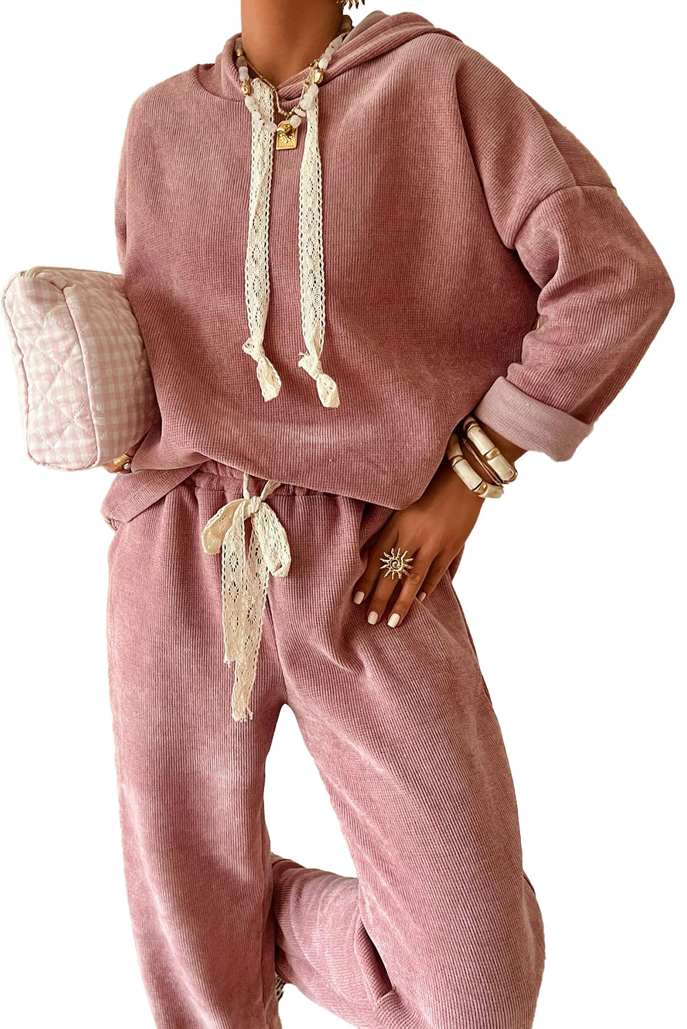 Smoke Gray Drawstring Pullover Hoodie and High Waist Pants Corduroy Suit