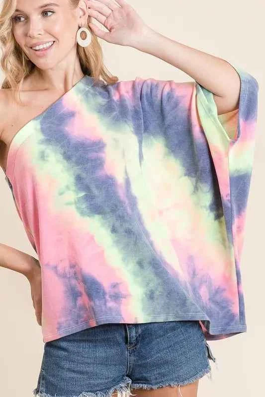 BiBi Tie Dye French Terry One Shoulder Top with Dolman