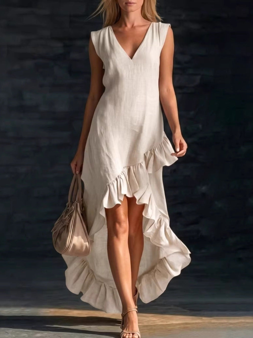 Sleeveless V-Neck Ruffle Hem High-Low Dress by Shopiebay