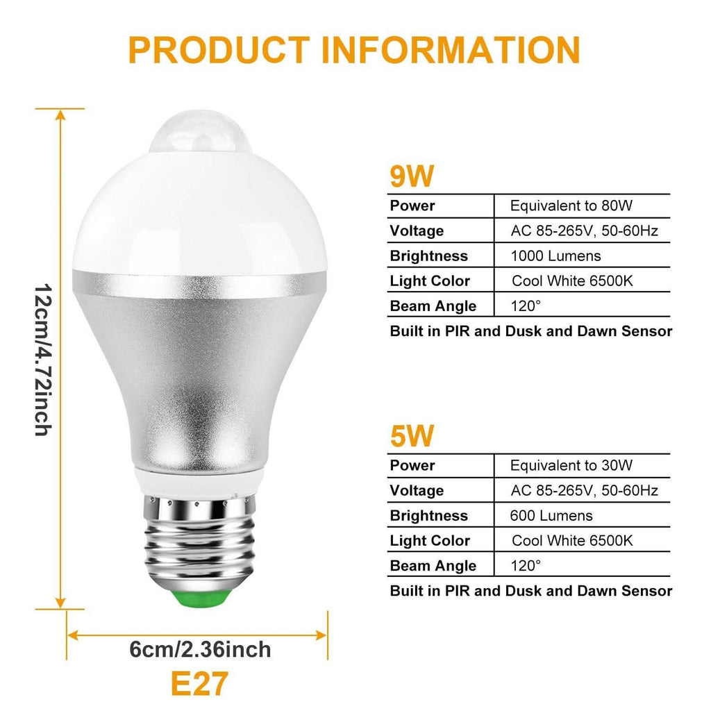 E27 Motion Sensor Light Bulb 1000LM 6500K Dust to Dawn Automatic by DailySale