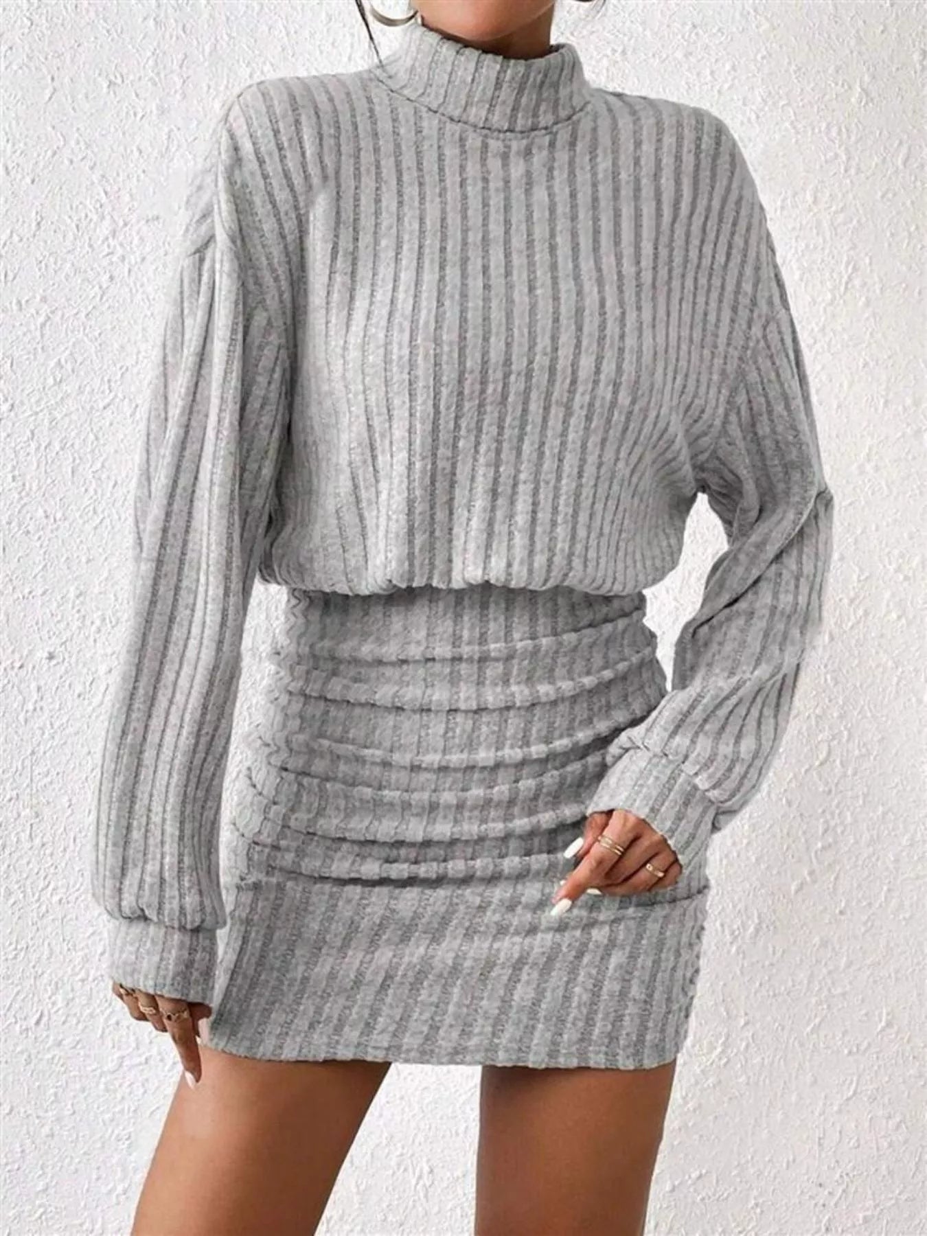 Ribbed Knit Turtleneck Bodycon Mini Dress by Shopiebay