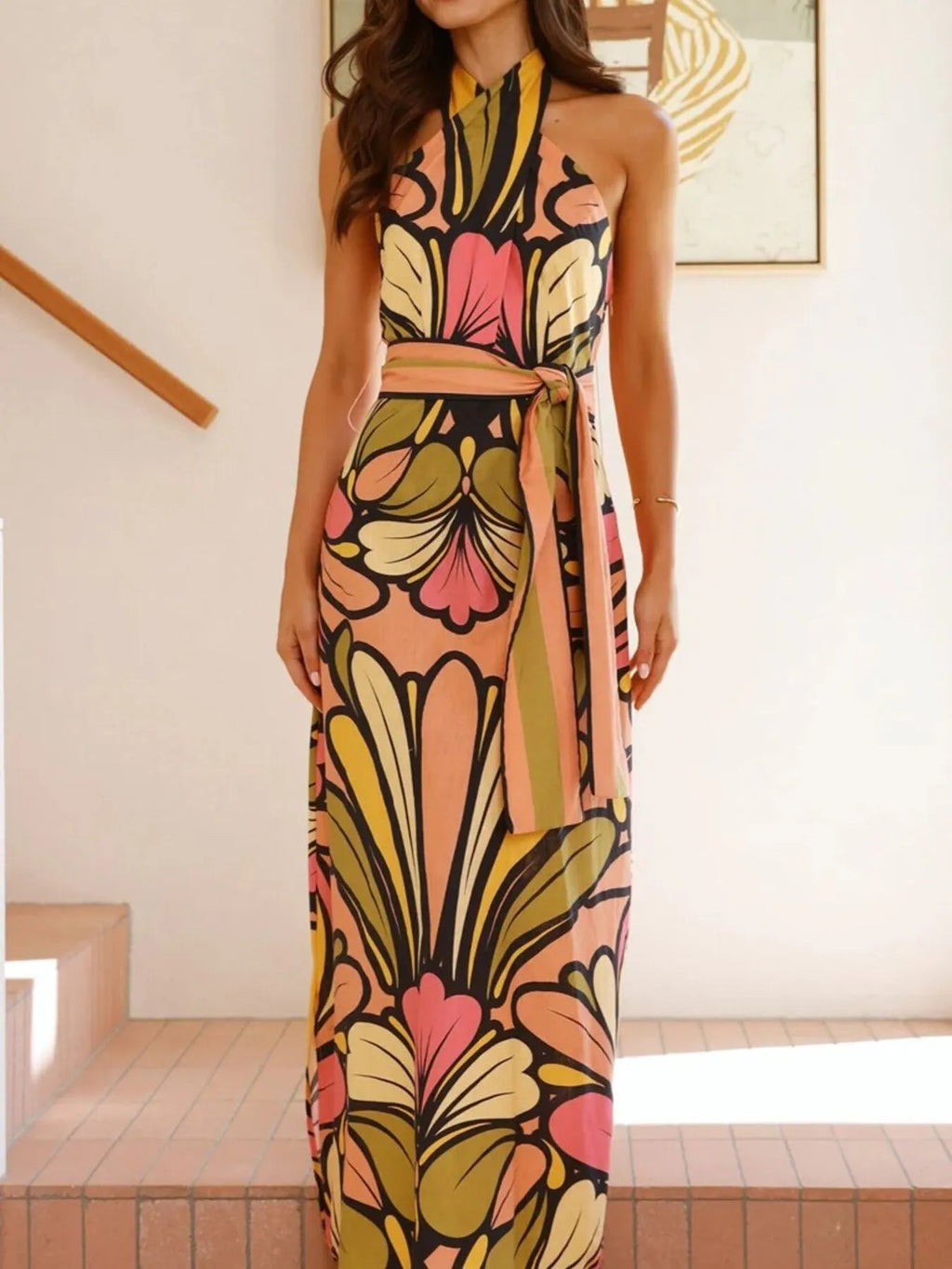 Printed Halter Neck Maxi Cami Dress by Shopiebay