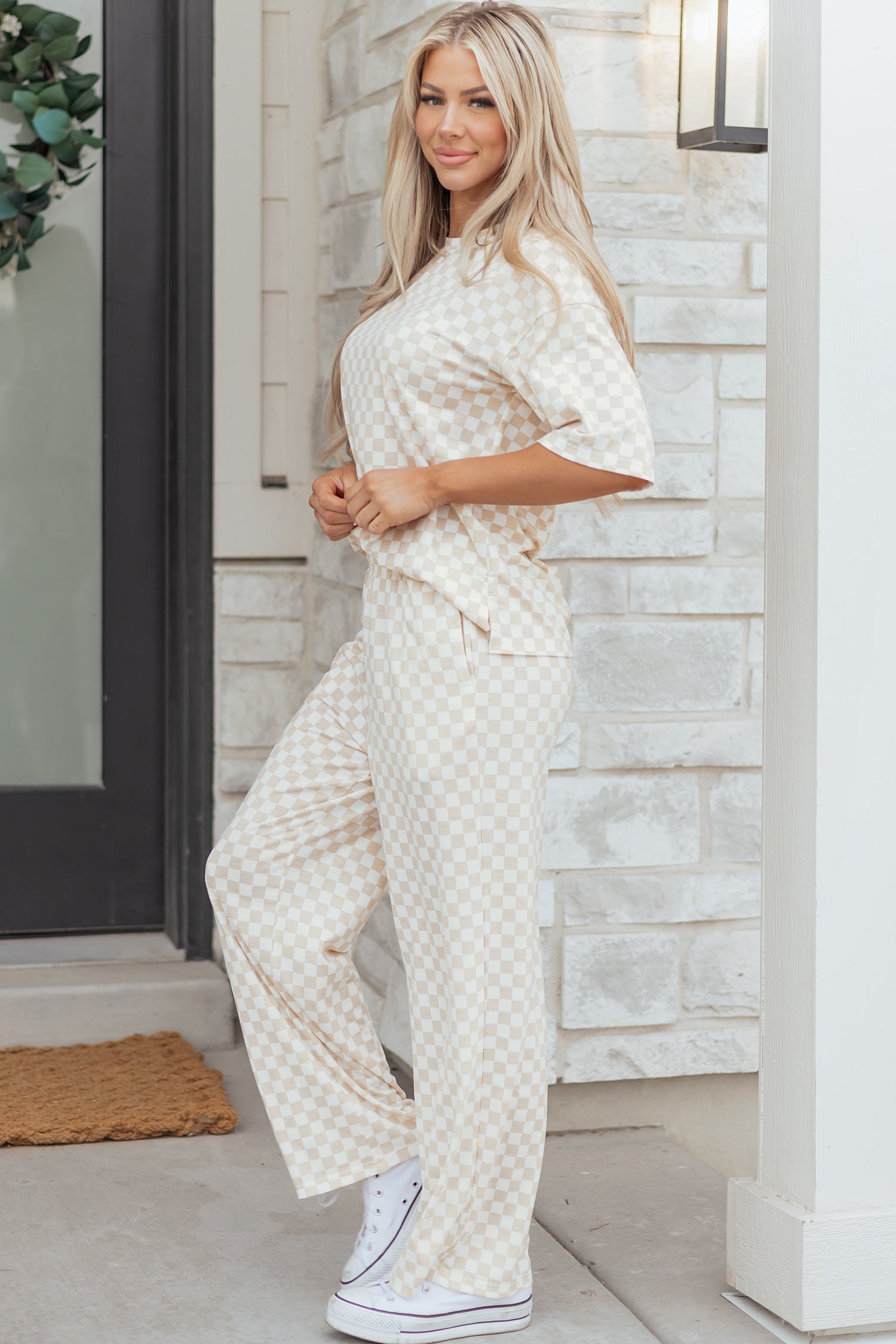 Rose Checkered Print Half Sleeve Tee 2pcs Lounge Pant Set