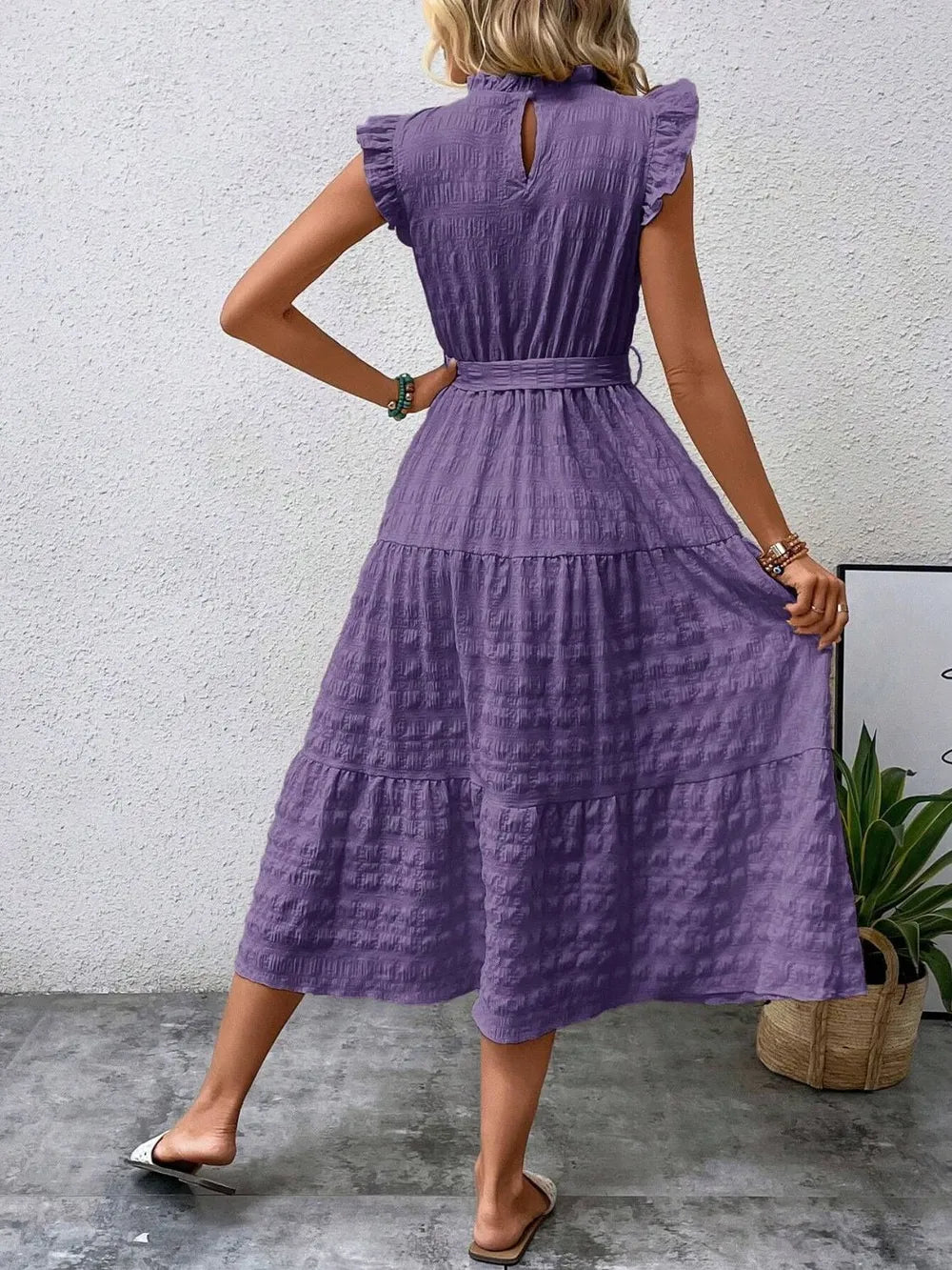 Tied Ruffled Cap Sleeve Midi Dress by Shopiebay