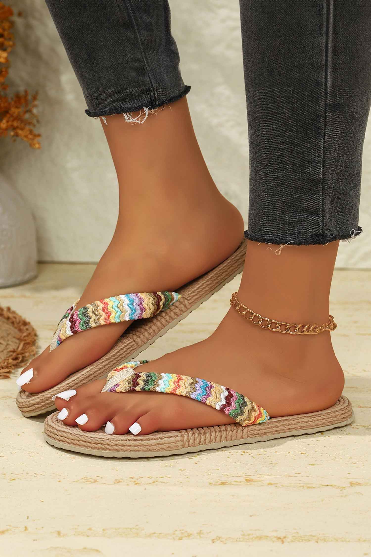 Khaki Bohemian Vacation Straw Woven Rainbow Strap Flip Flops