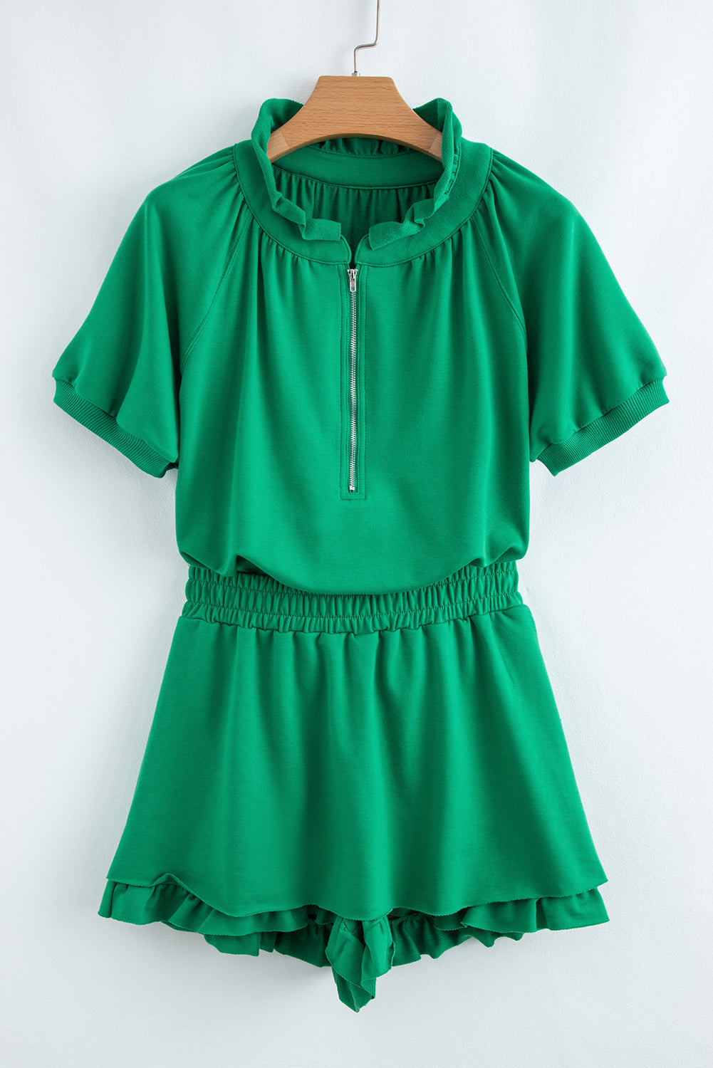 Pink Half Zip Puff Sleeve Top and Ruffle Shorts Set