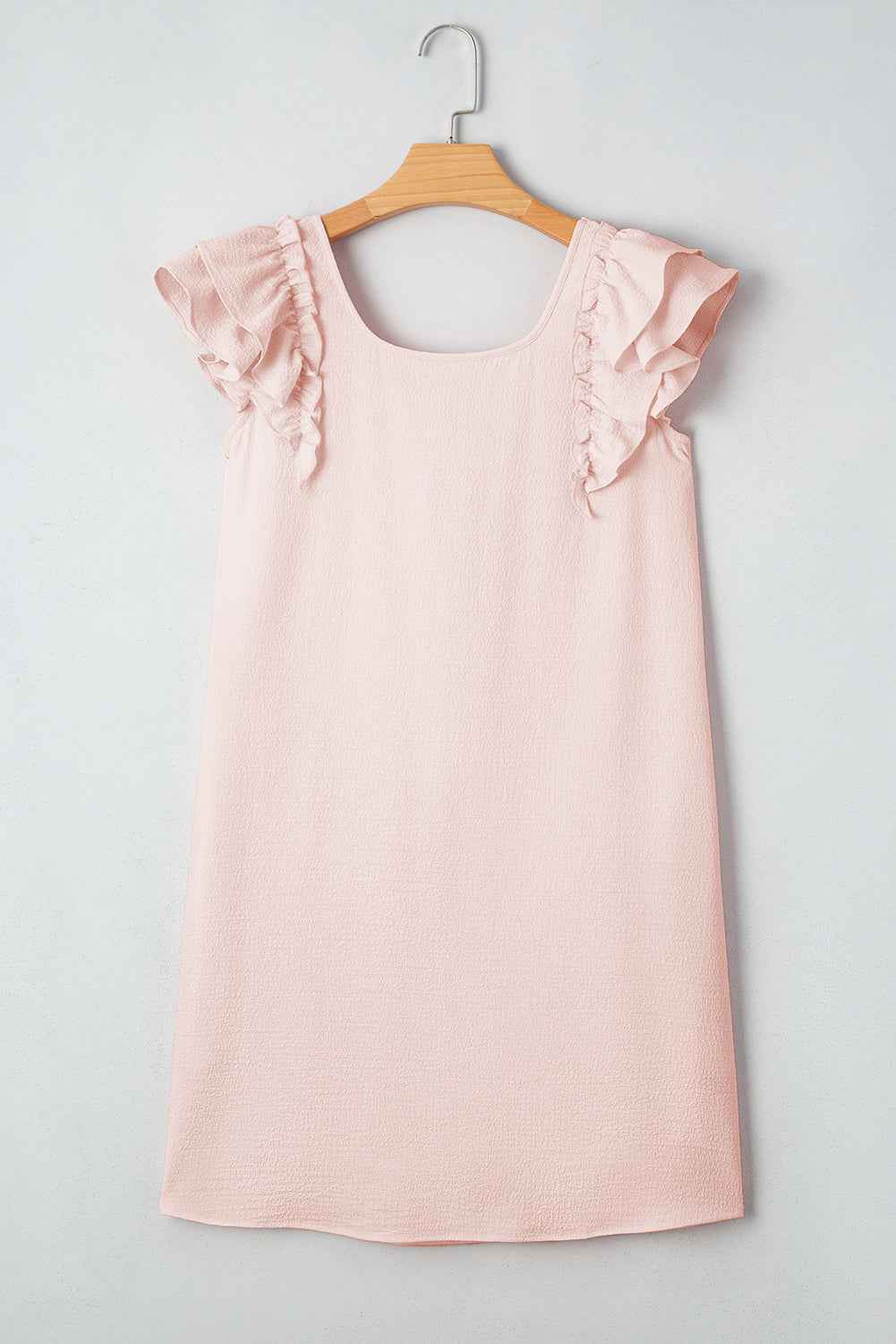Light Pink Textured Flutter Sleeve Square Neck Bow Back Mini Dress