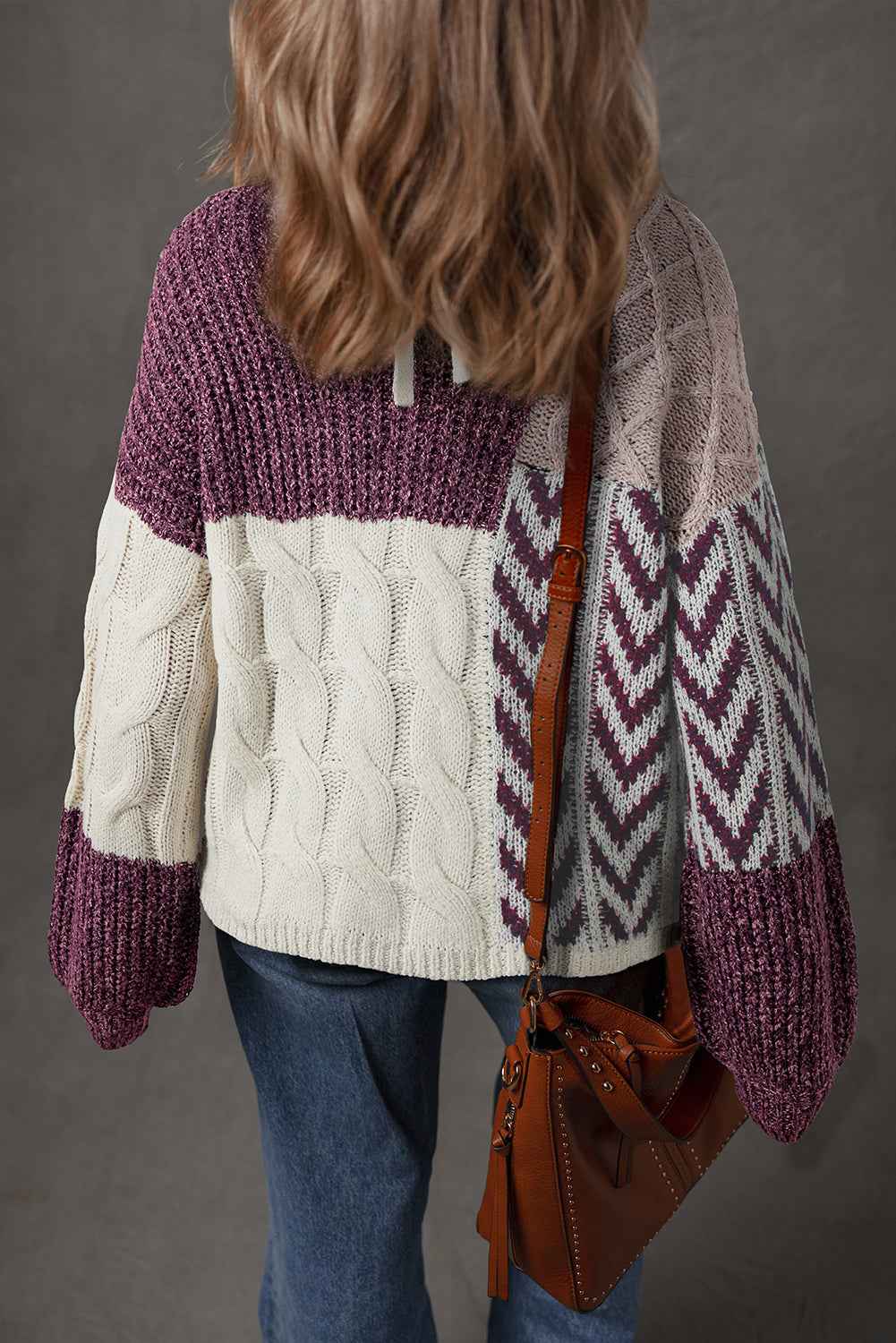 Purple Color Block Patchwork Knotted Back Loose Fit Sweater