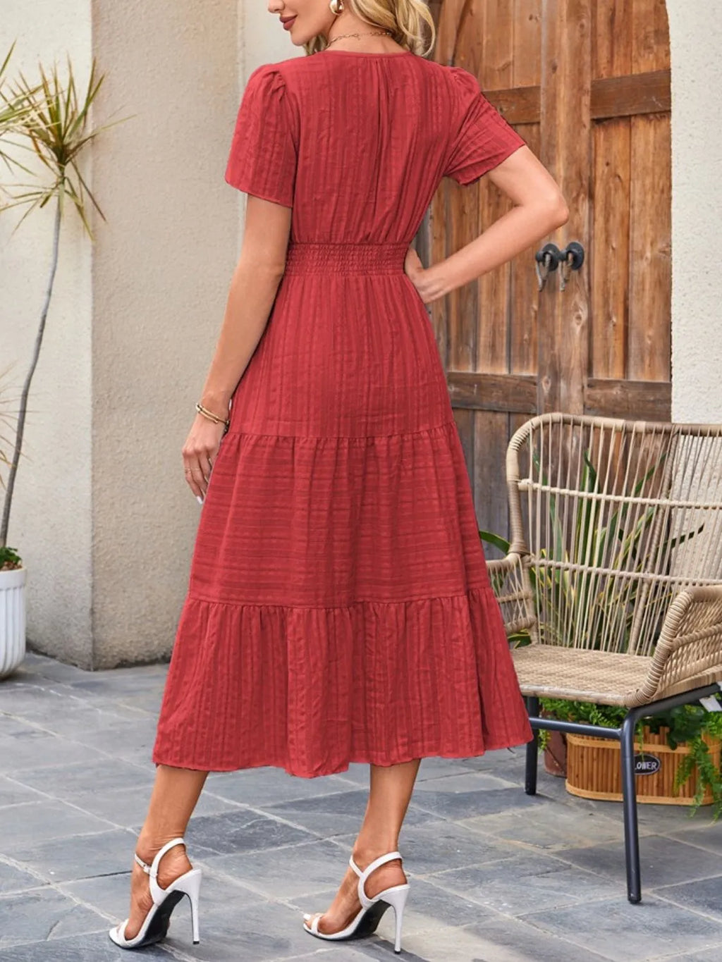 Tiered Notched Short Sleeve Dress by Shopiebay