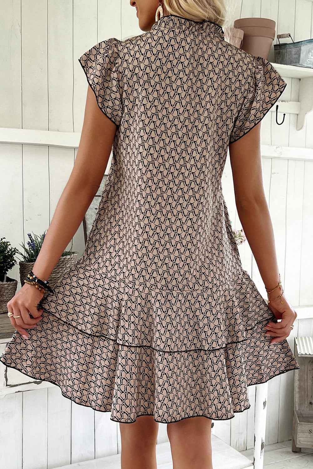 Simply Taupe Bohemian Print V-Neck Flutter Sleeve Ruffle Mini Dress