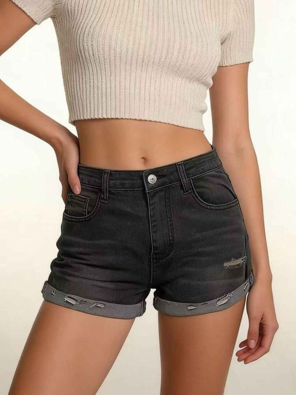 Distressed Denim Roll Up Shorts