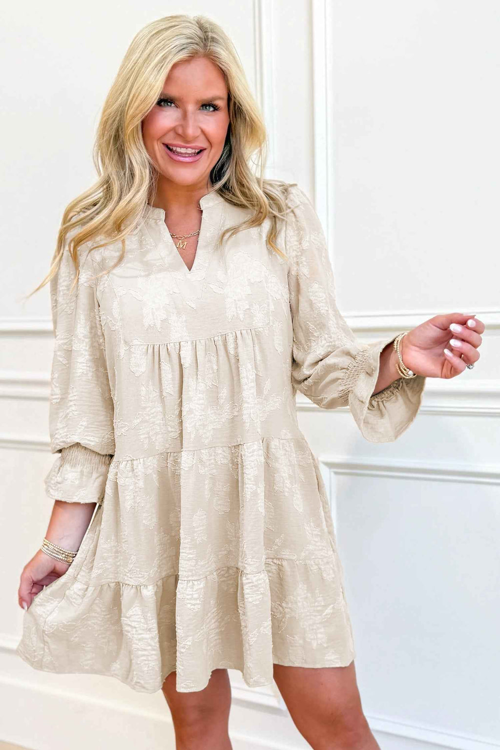 Parchment Long Sleeve Notched Neck Jacquard Tiered Mini Dress
