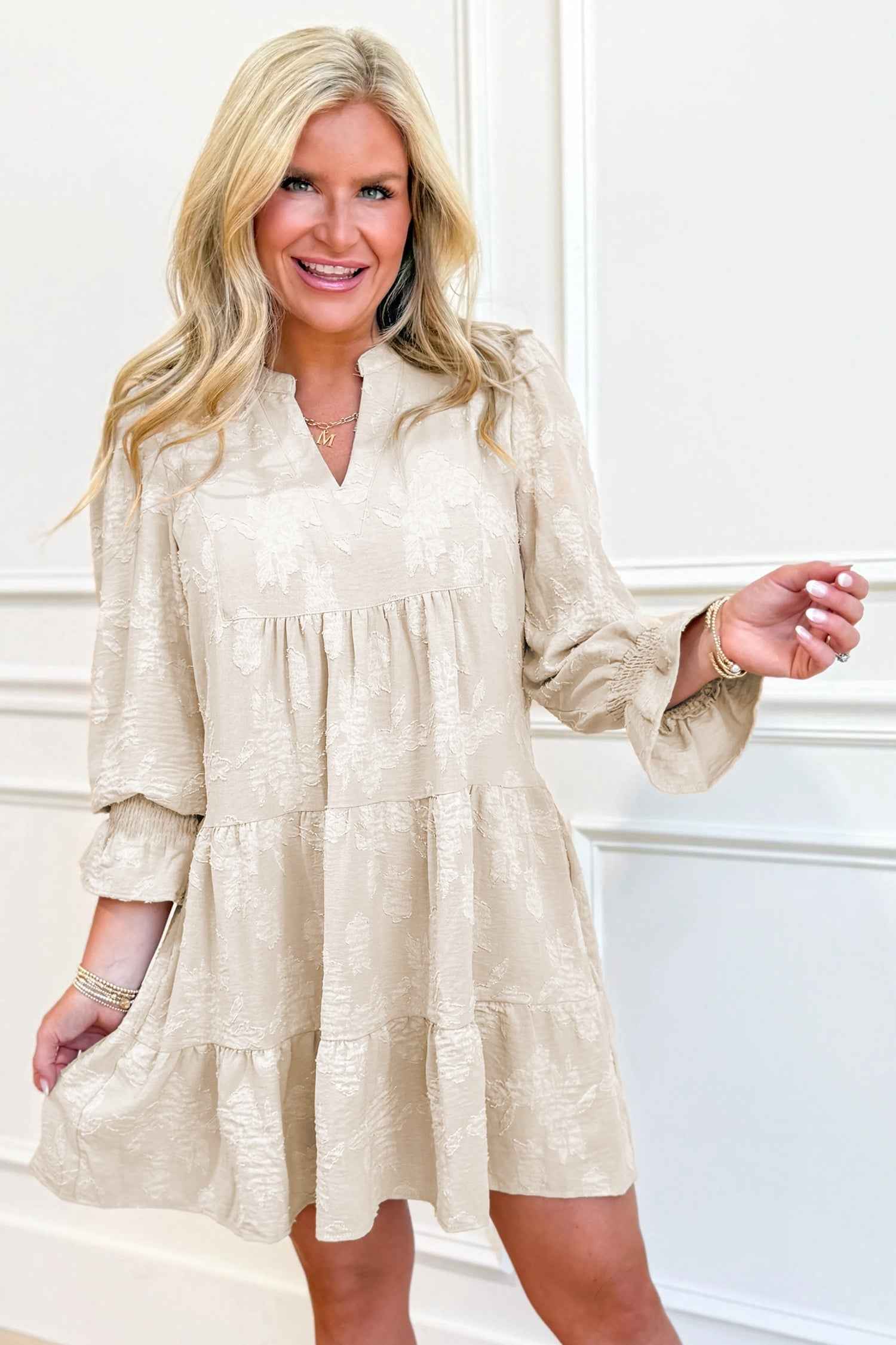 Parchment Long Sleeve Notched Neck Jacquard Tiered Mini Dress